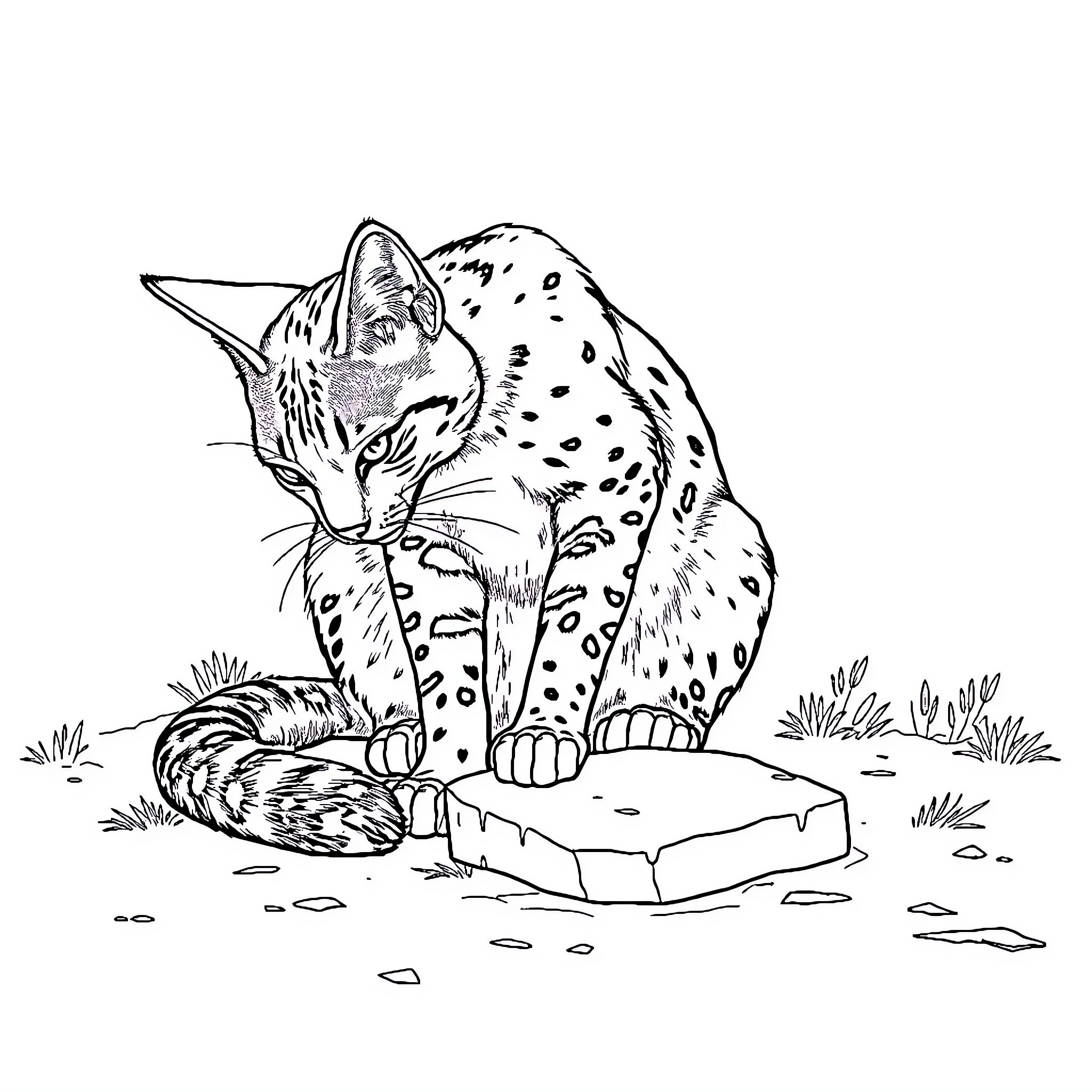 Caracal hunting prey in the wilderness Coloring Page (free black-and-white line drawing printable PDF for all, from beginners to advanced learners, including children, teens, adults, and seniors)