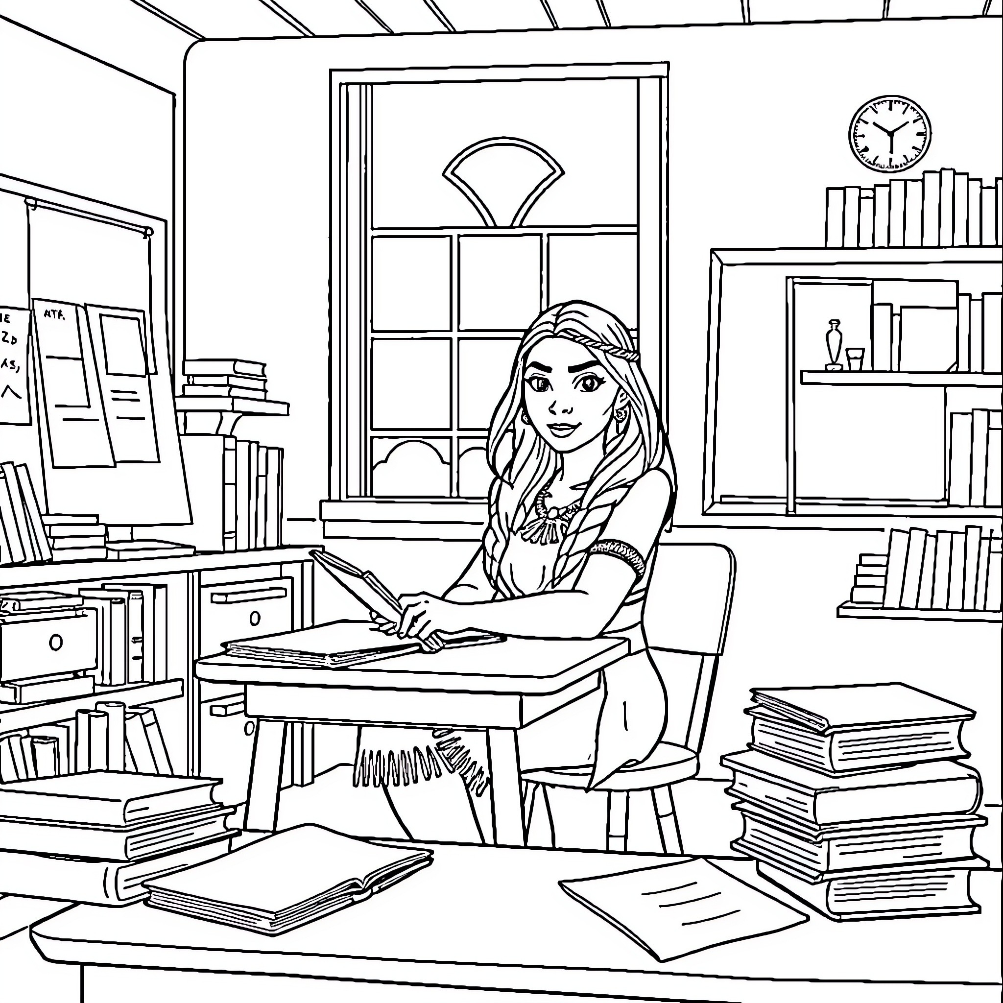 Pocahontas studying intently in a cozy library Coloring Page (free black-and-white line drawing printable PDF for all, from beginners to advanced learners, including children, teens, adults, and seniors)