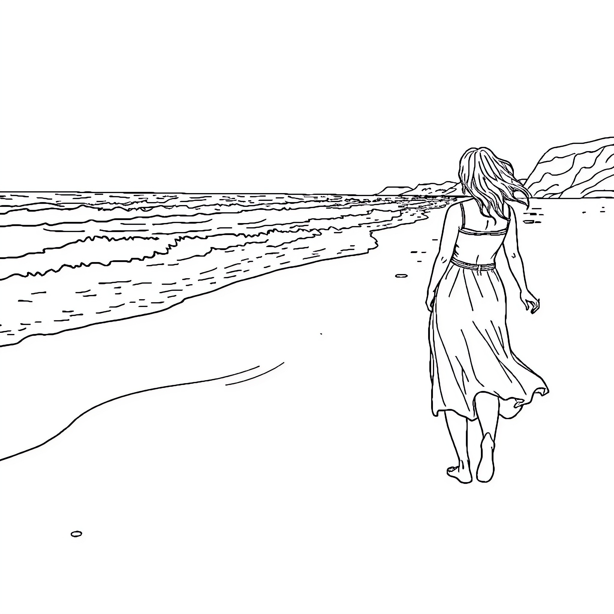 Woman walking along the shoreline Coloring Page (free black-and-white line drawing printable PDF for all, from beginners to advanced learners, including children, teens, adults, and seniors)
