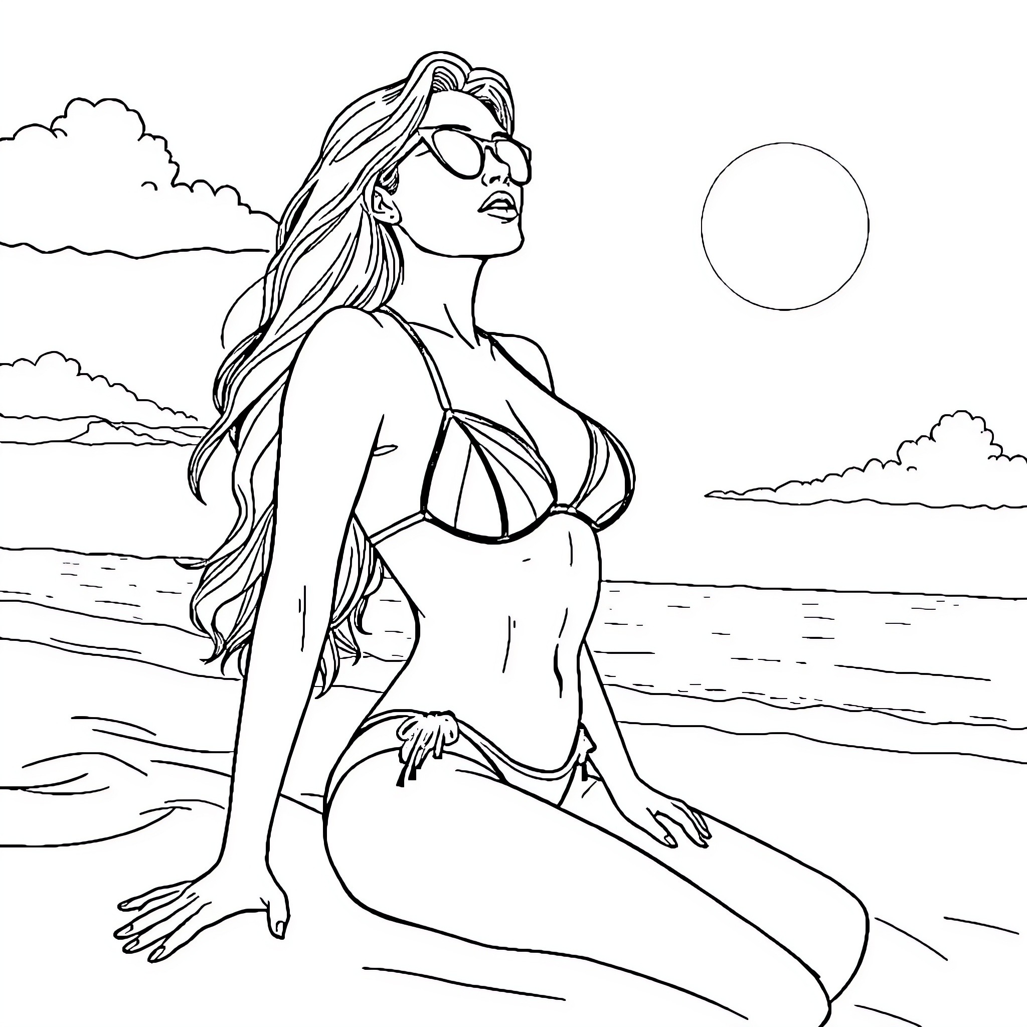 Roxanne Rover relaxing on the beach Coloring Page (free black-and-white line drawing printable PDF for all, from beginners to advanced learners, including children, teens, adults, and seniors)