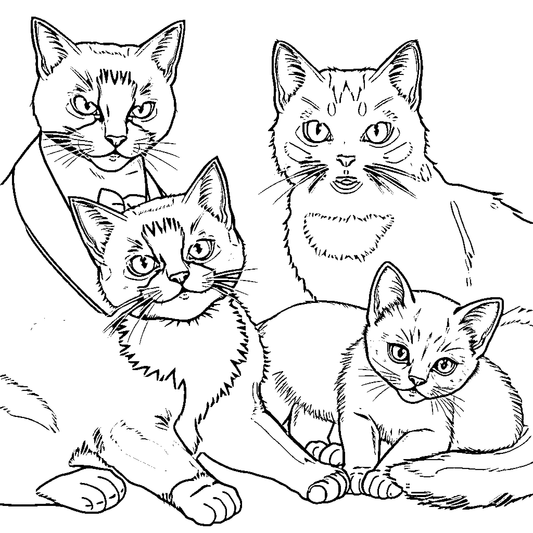 Cat Family Portrait Coloring Page (free black-and-white line drawing printable PDF for all, from beginners to advanced learners, including children, teens, adults, and seniors)