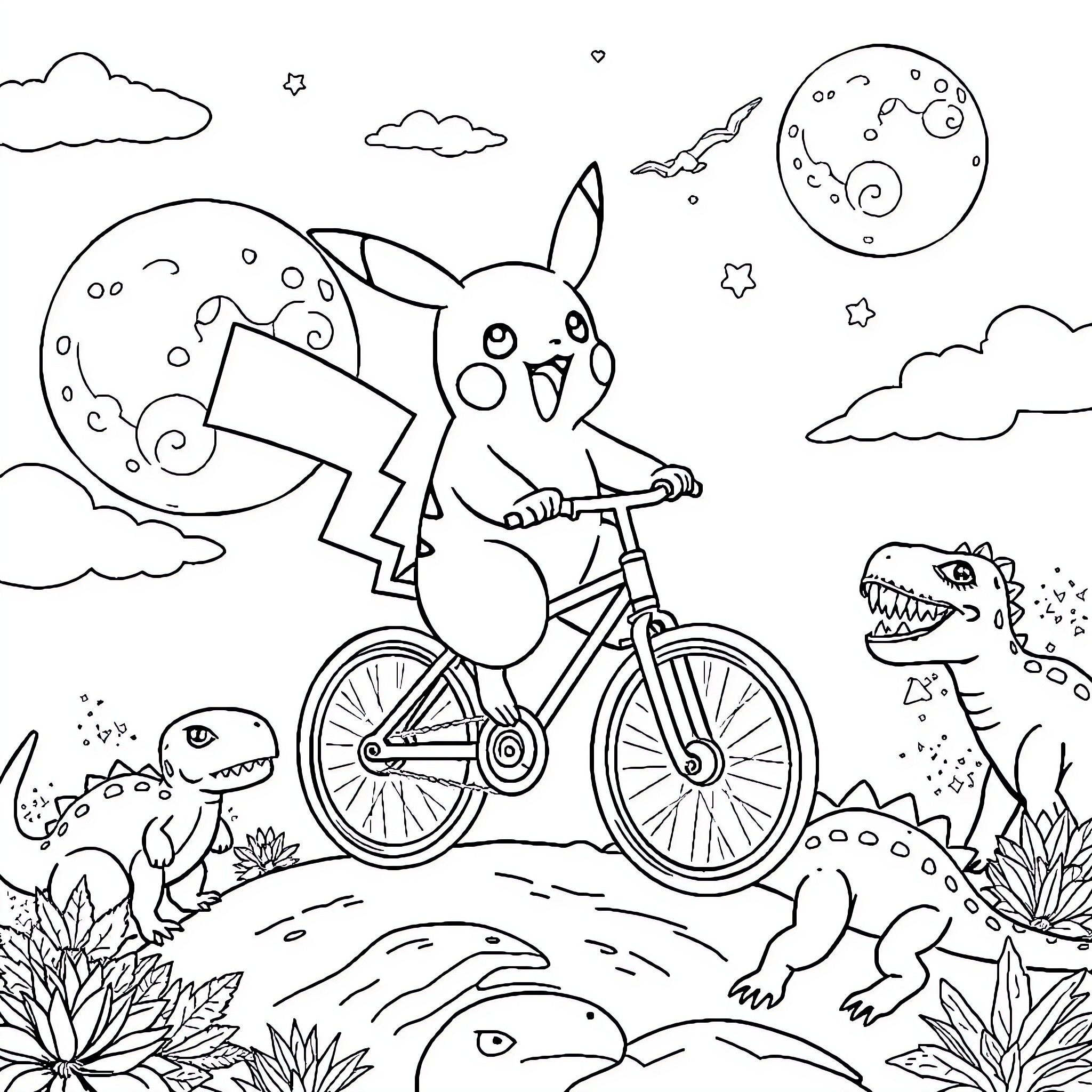 Pikachu riding a bicycle in a whimsical night scene Coloring Page (free black-and-white line drawing printable PDF for all, from beginners to advanced learners, including children, teens, adults, and seniors)