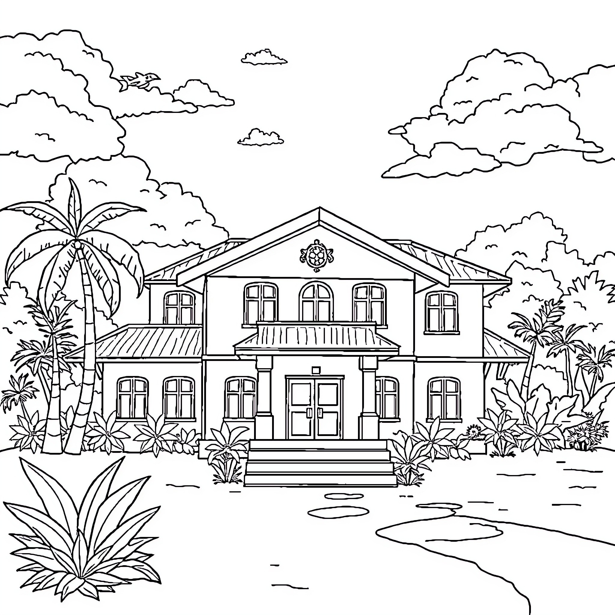 School Building with Tropical Scenery Coloring Page (free black-and-white line drawing printable PDF for all, from beginners to advanced learners, including children, teens, adults, and seniors)