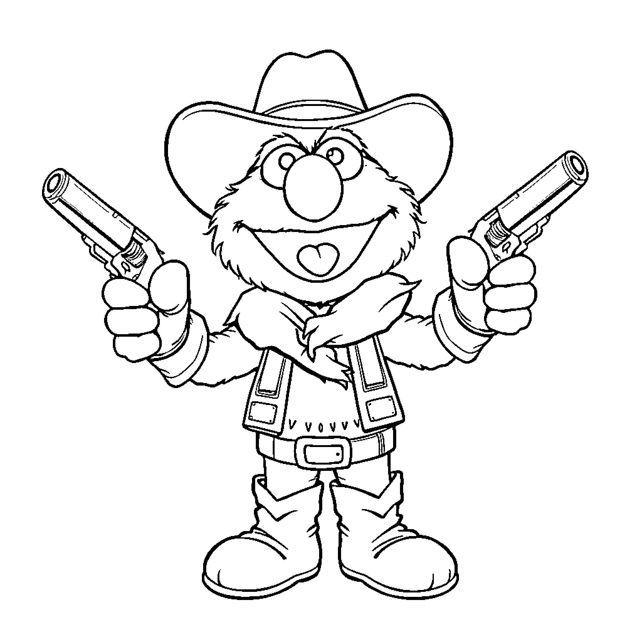 Elmo as a Wild West cowboy with two guns Coloring Page (free black-and-white line drawing printable PDF for all, from beginners to advanced learners, including children, teens, adults, and seniors)