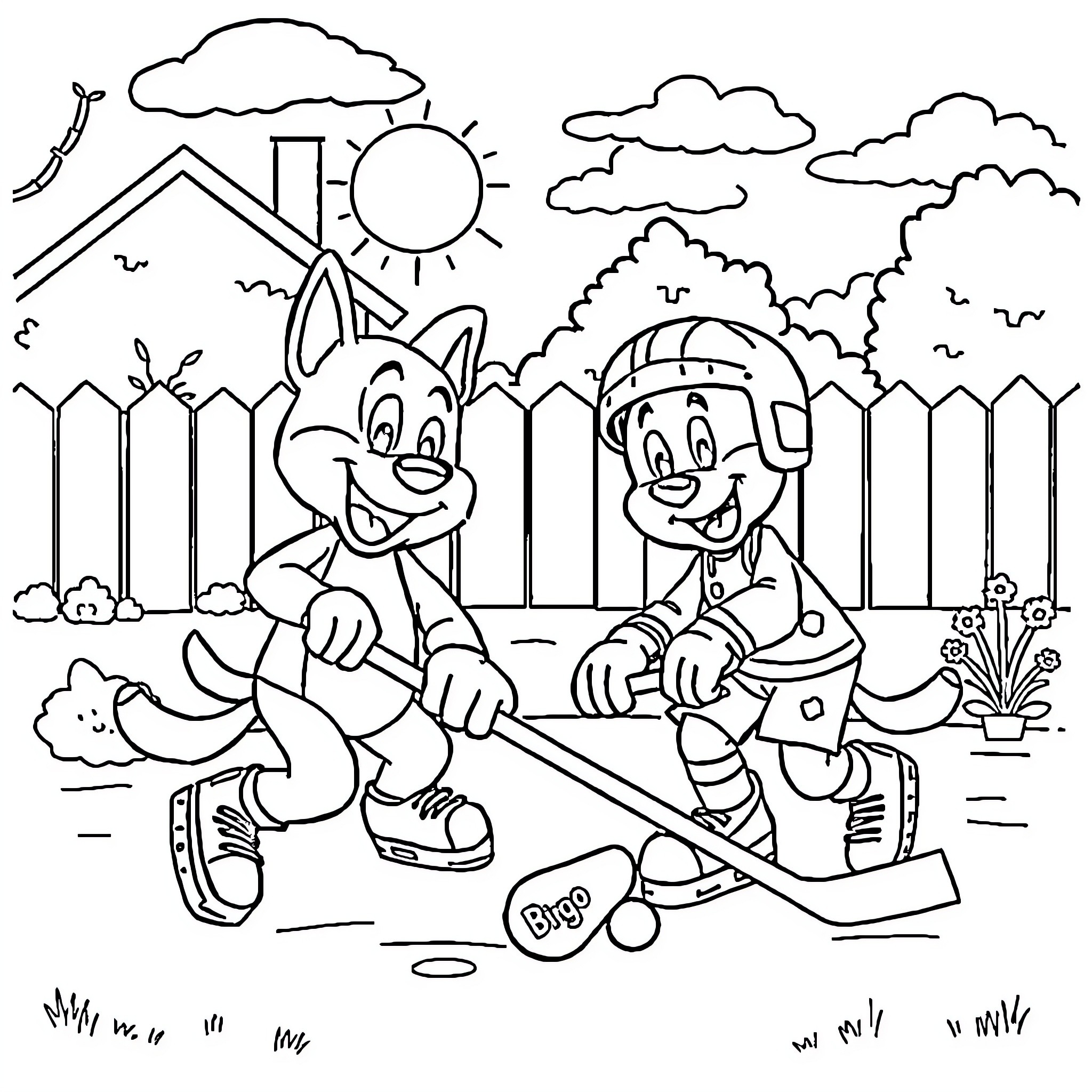 Bluey and Bingo playing outdoors Coloring Page (free black-and-white line drawing printable PDF for all, from beginners to advanced learners, including children, teens, adults, and seniors)