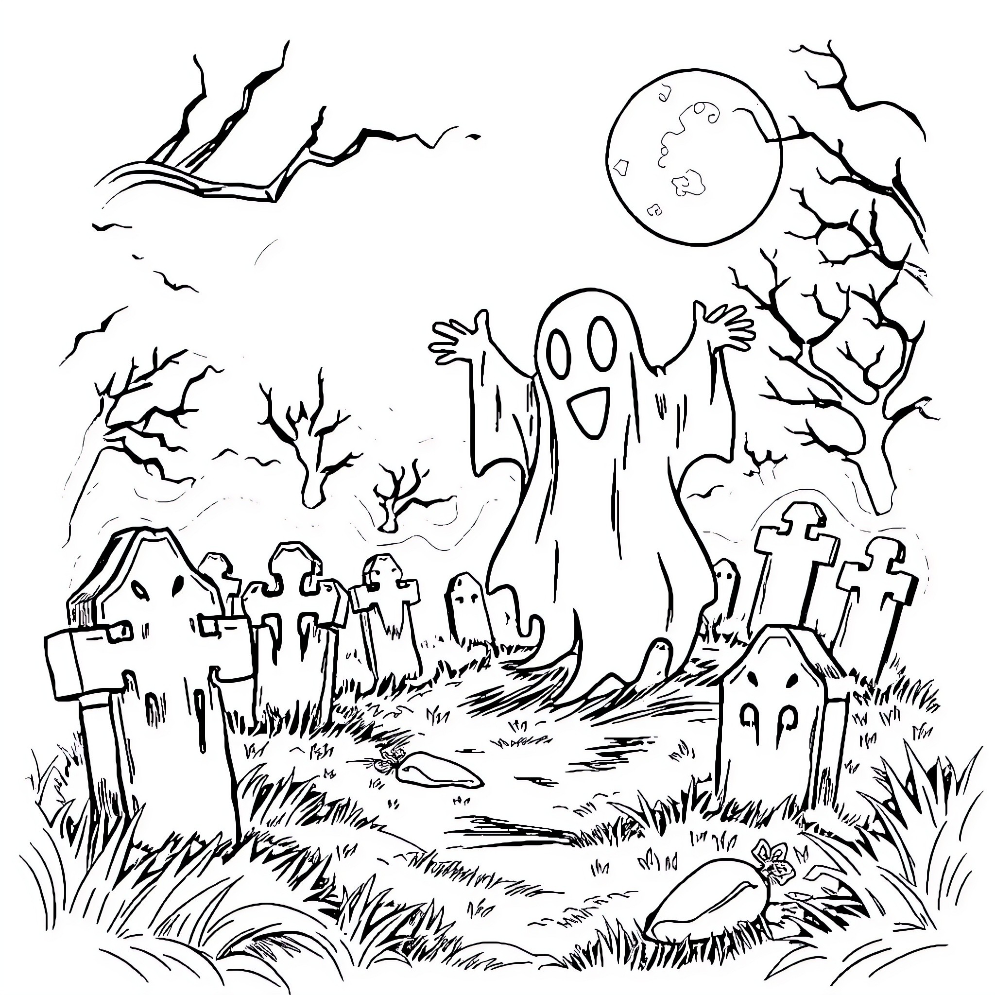 Ghost Haunting a Spooky Graveyard at Night Coloring Page (free black-and-white line drawing printable PDF for all, from beginners to advanced learners, including children, teens, adults, and seniors)