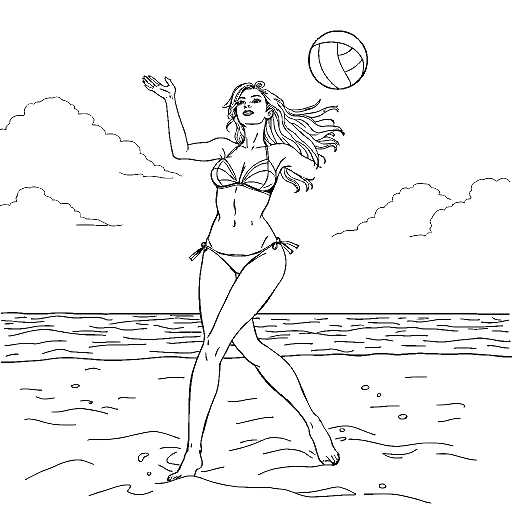 Woman playing volleyball on the beach Coloring Page (free black-and-white line drawing printable PDF for all, from beginners to advanced learners, including children, teens, adults, and seniors)