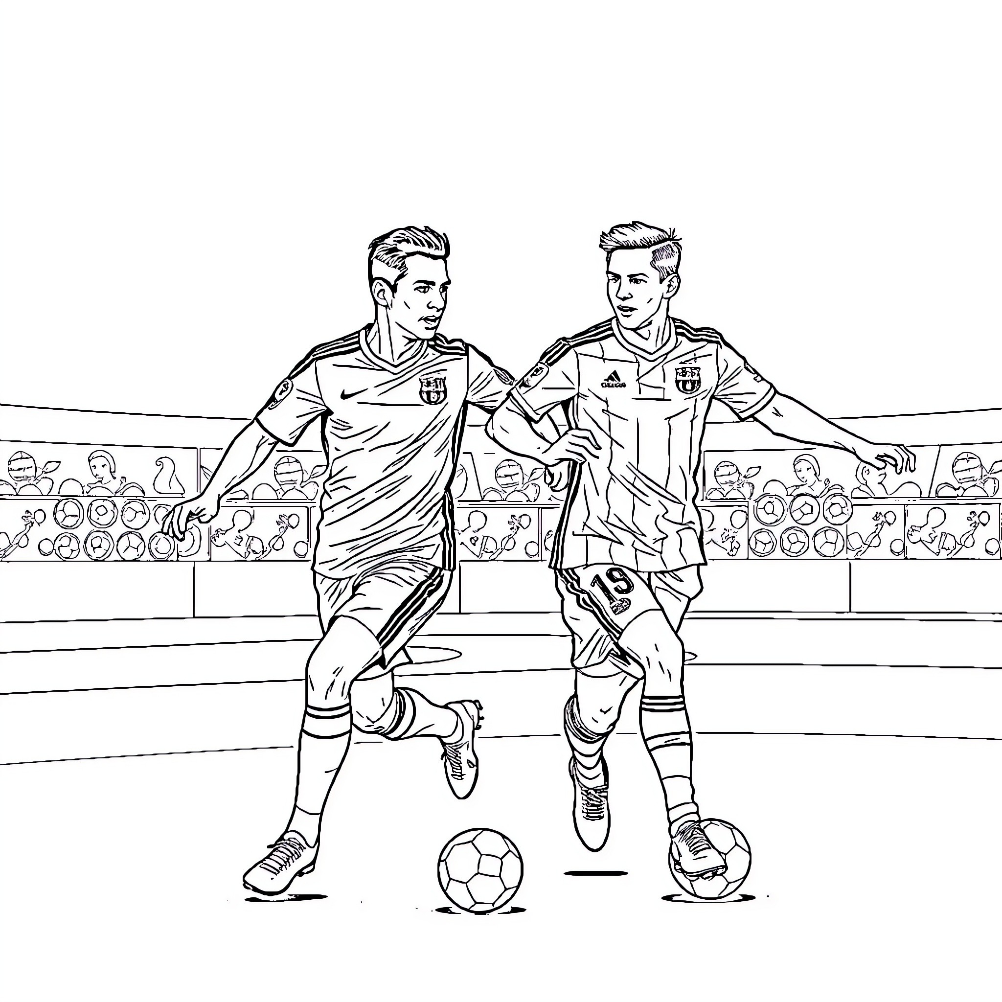 Cristiano Ronaldo and teammate playing soccer on the field Coloring Page (free black-and-white line drawing printable PDF for all, from beginners to advanced learners, including children, teens, adults, and seniors)