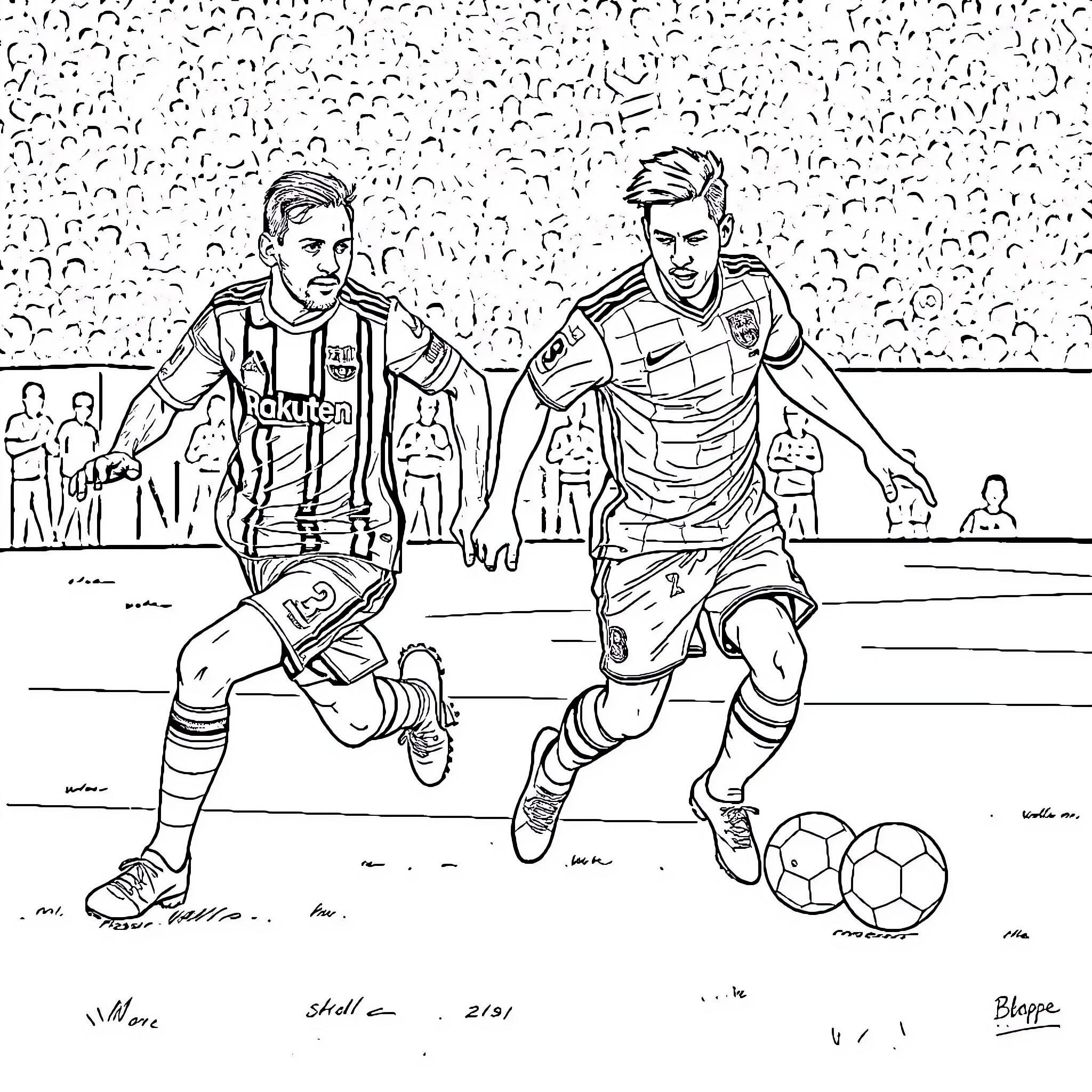 Messi and rival players on football pitch Coloring Page (free black-and-white line drawing printable PDF for all, from beginners to advanced learners, including children, teens, adults, and seniors)