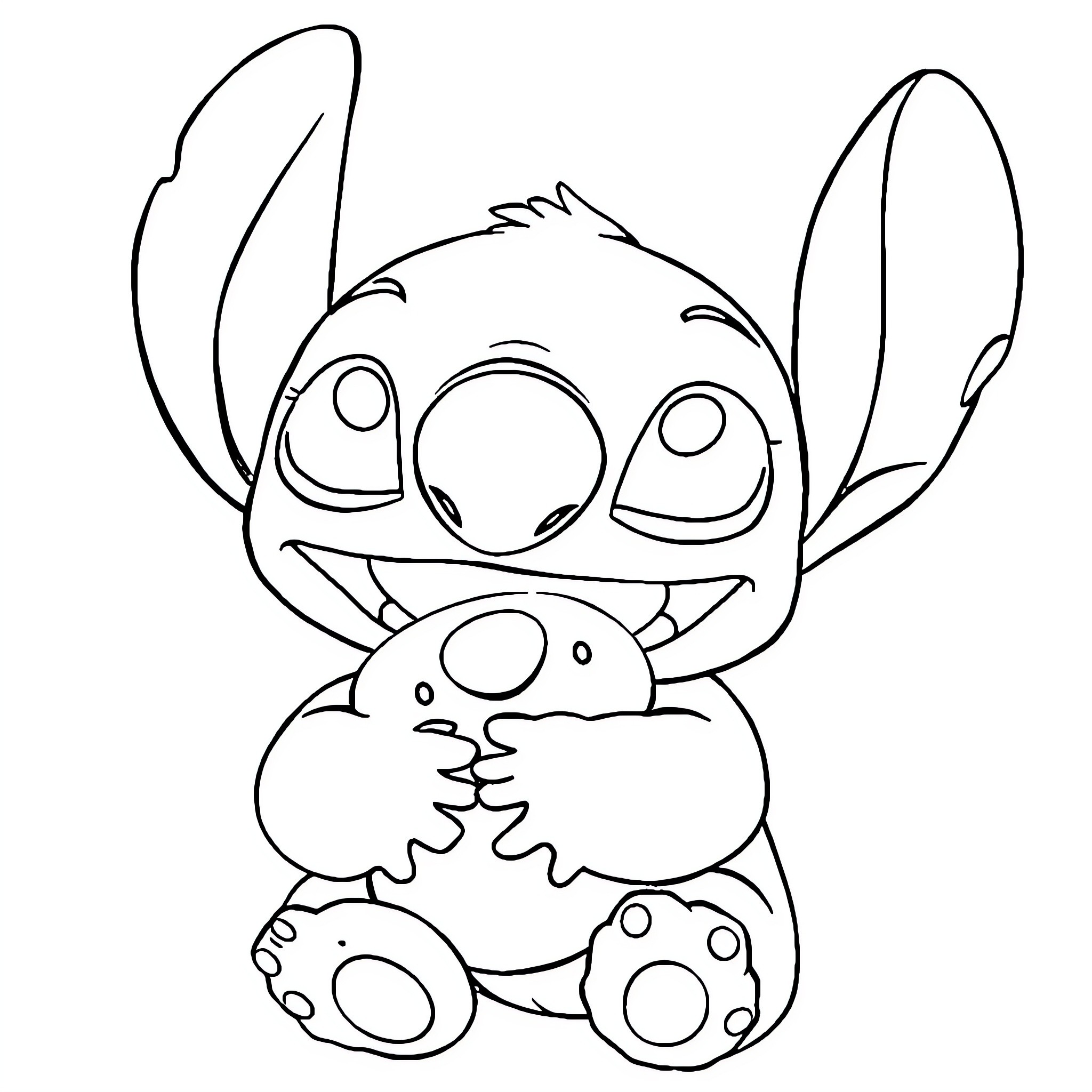 Stitch hugging a toy Coloring Page (free black-and-white line drawing printable PDF for all, from beginners to advanced learners, including children, teens, adults, and seniors)