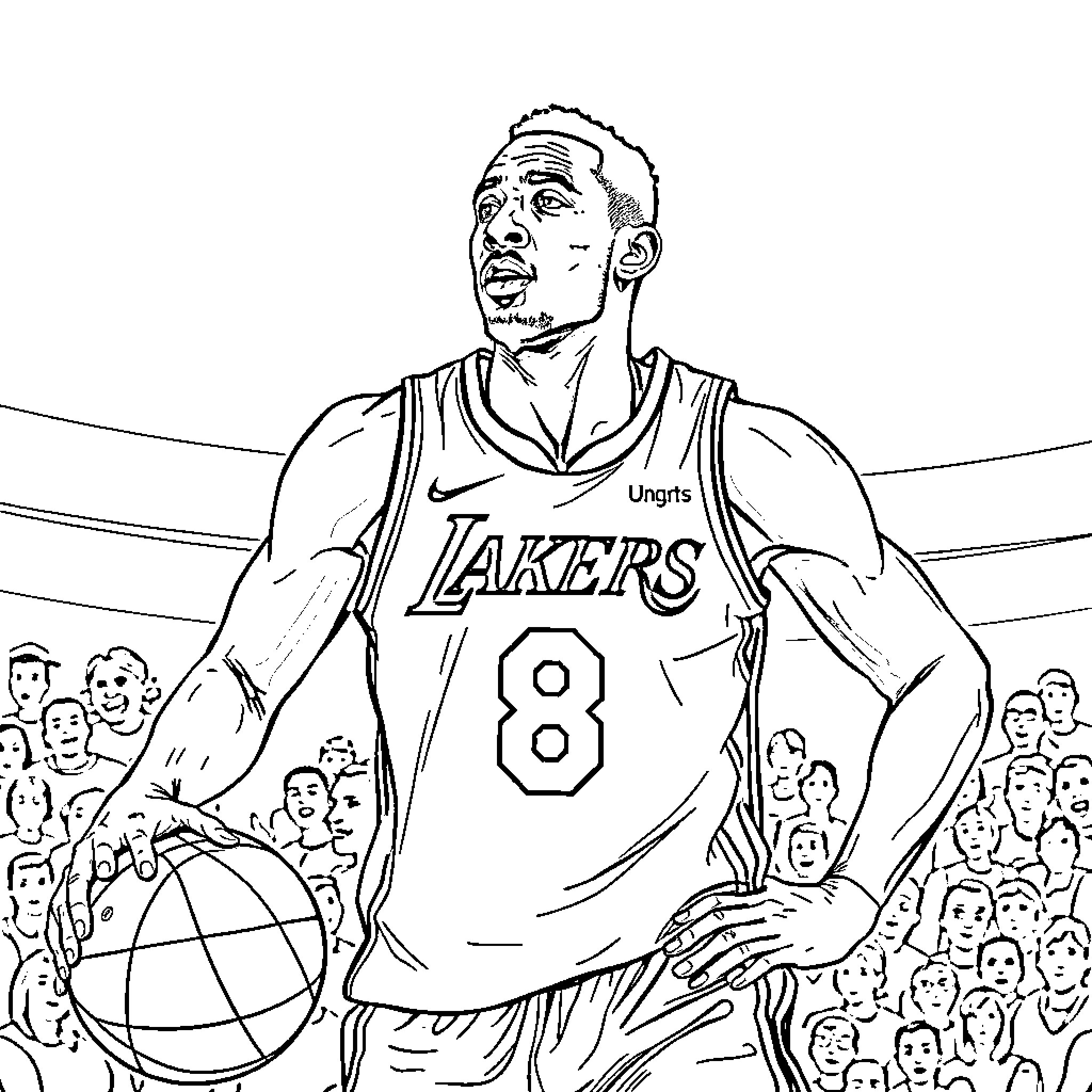 Jugador realizando acción en cancha de basquetbol Coloring Page (free black-and-white line drawing printable PDF for all, from beginners to advanced learners, including children, teens, adults, and seniors)