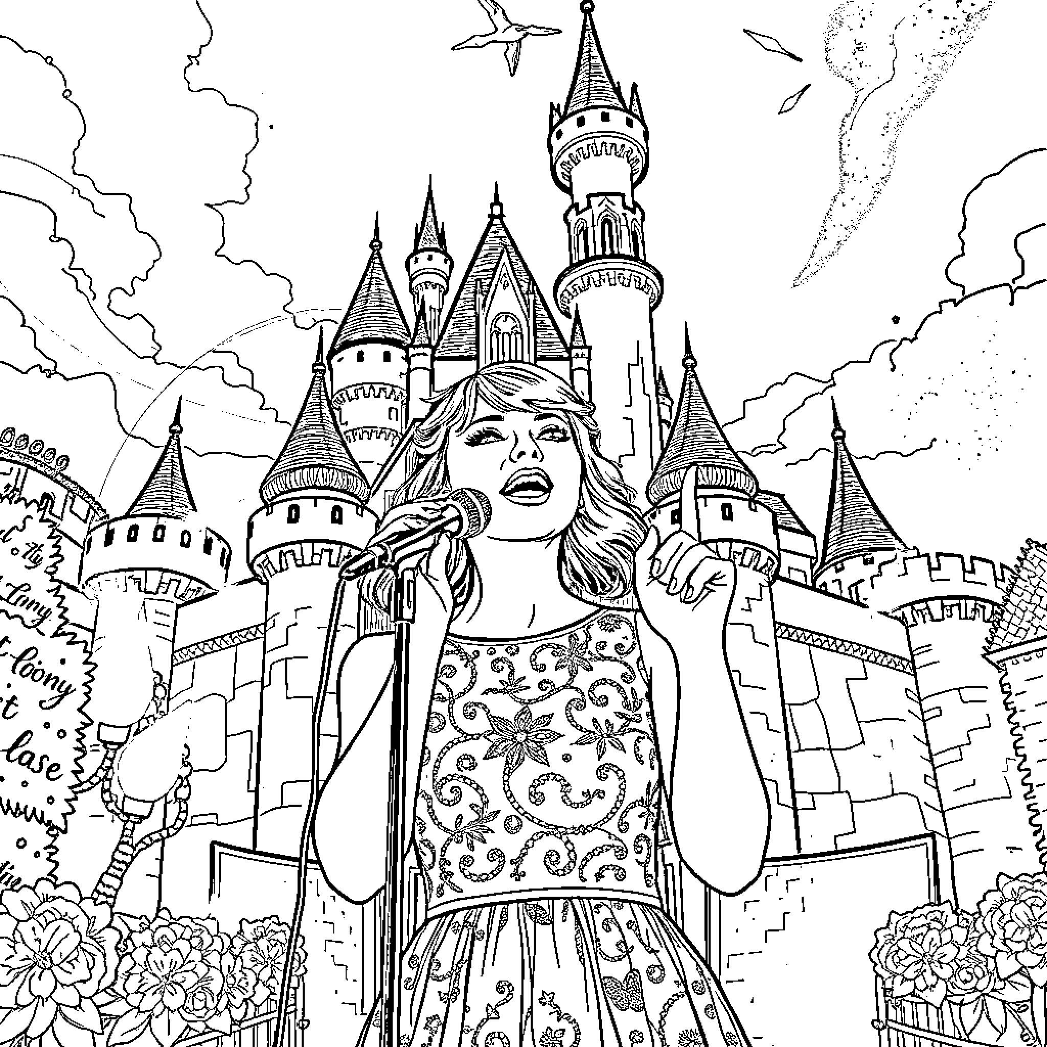 Taylor Swift posing in front of a magical castle Coloring Page (free black-and-white line drawing printable PDF for all, from beginners to advanced learners, including children, teens, adults, and seniors)