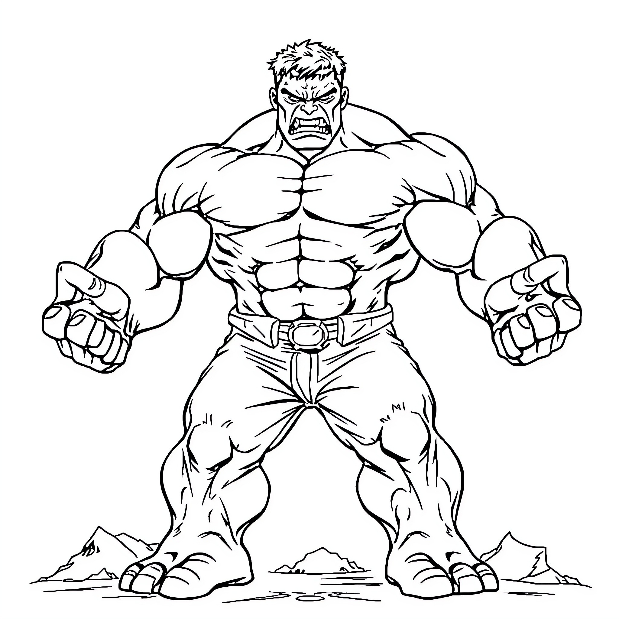 Hulk Unleashing Fierce Power in Dramatic Pose Coloring Page (free black-and-white line drawing printable PDF for all, from beginners to advanced learners, including children, teens, adults, and seniors)