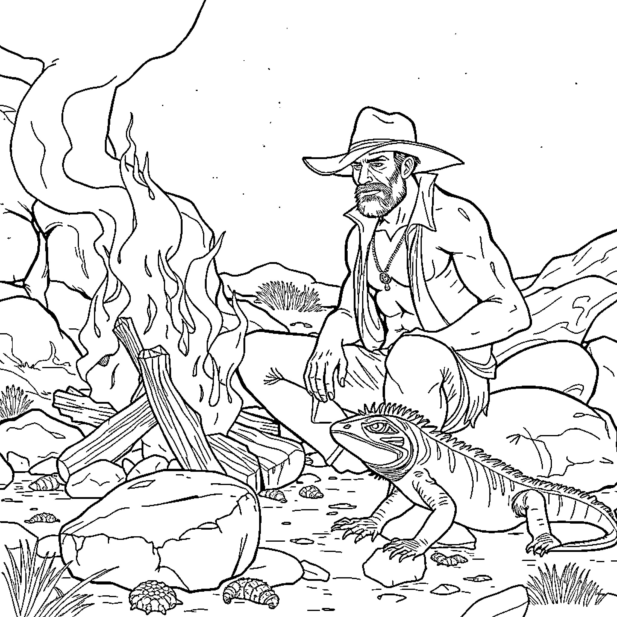 Bushman Exploring the Desert Wilderness Coloring Page (free black-and-white line drawing printable PDF for all, from beginners to advanced learners, including children, teens, adults, and seniors)