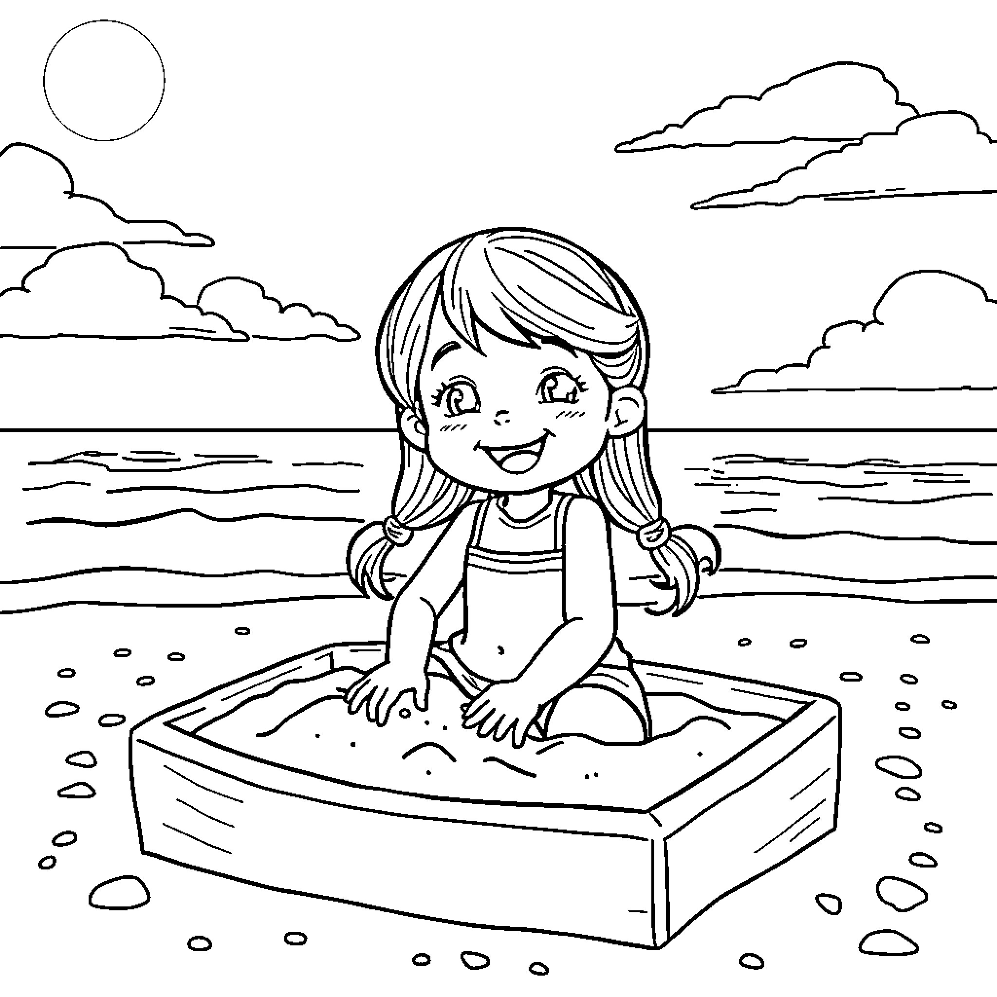 Girl enjoys sunny day at the beach Coloring Page (free black-and-white line drawing printable PDF for all, from beginners to advanced learners, including children, teens, adults, and seniors)