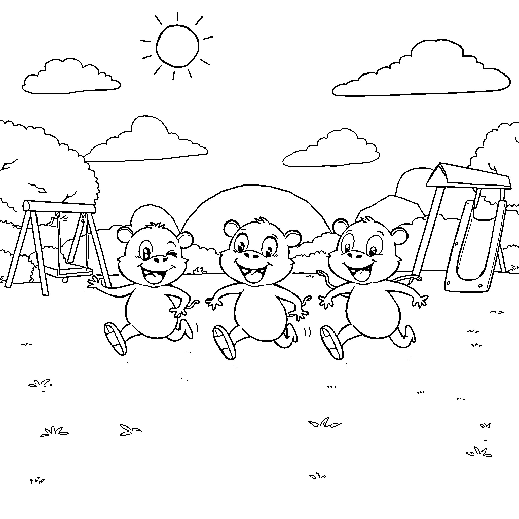 Lububus playing happily on the playground Coloring Page (free black-and-white line drawing printable PDF for all, from beginners to advanced learners, including children, teens, adults, and seniors)