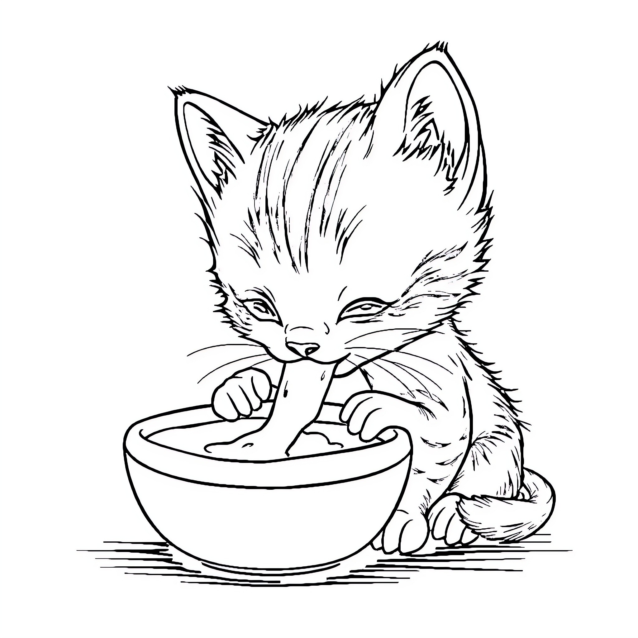 Kitten playing in a bowl Coloring Page (free black-and-white line drawing printable PDF for all, from beginners to advanced learners, including children, teens, adults, and seniors)