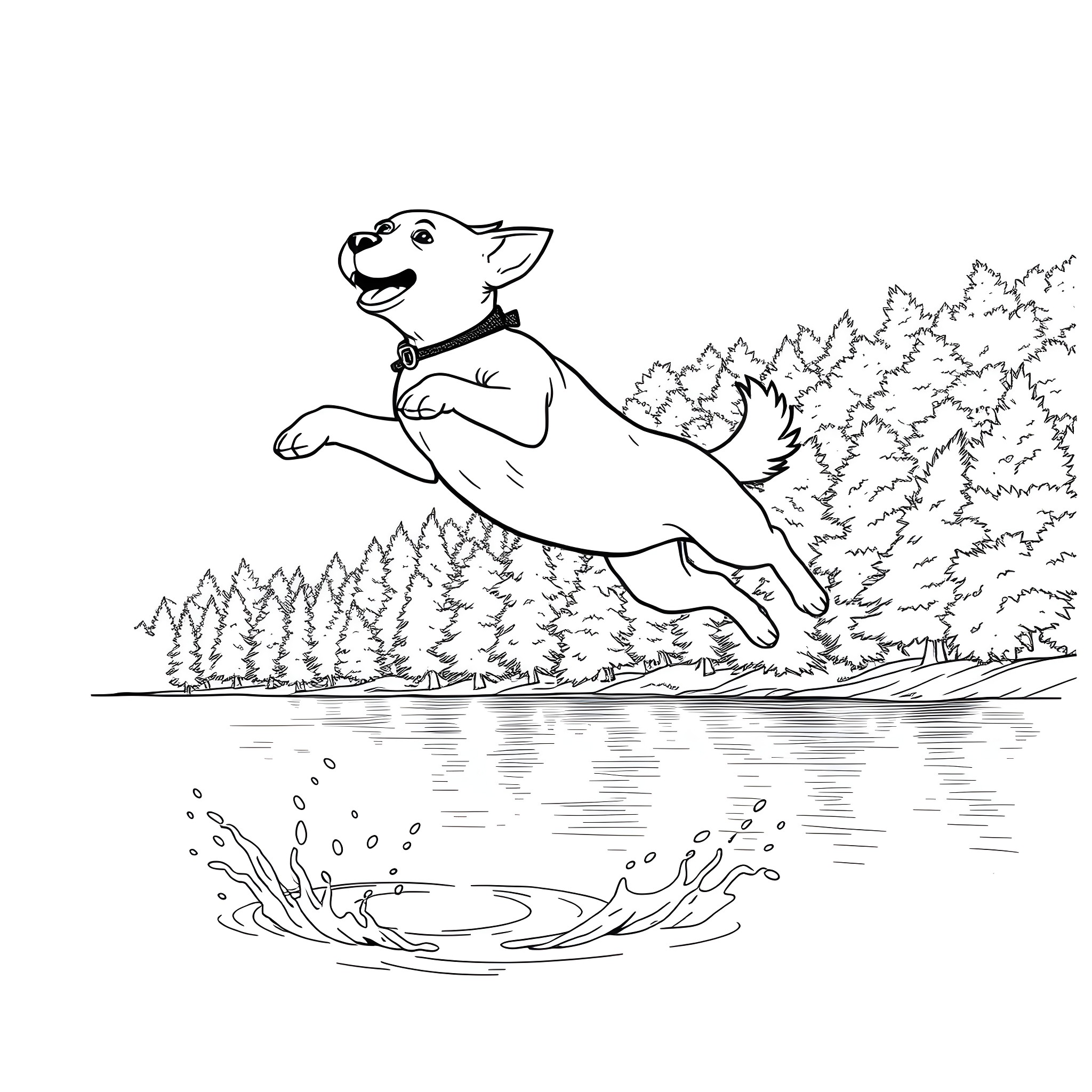 Dog jumping happily in the forest Coloring Page (free black-and-white line drawing printable PDF for all, from beginners to advanced learners, including children, teens, adults, and seniors)
