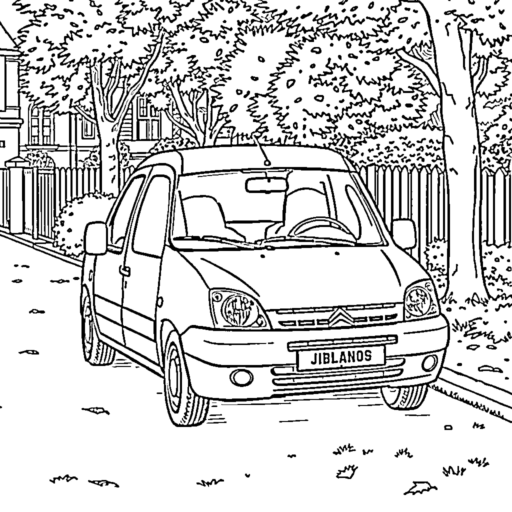 Citroen Berlingo parked on a quiet residential street Coloring Page (free black-and-white line drawing printable PDF for all, from beginners to advanced learners, including children, teens, adults, and seniors)