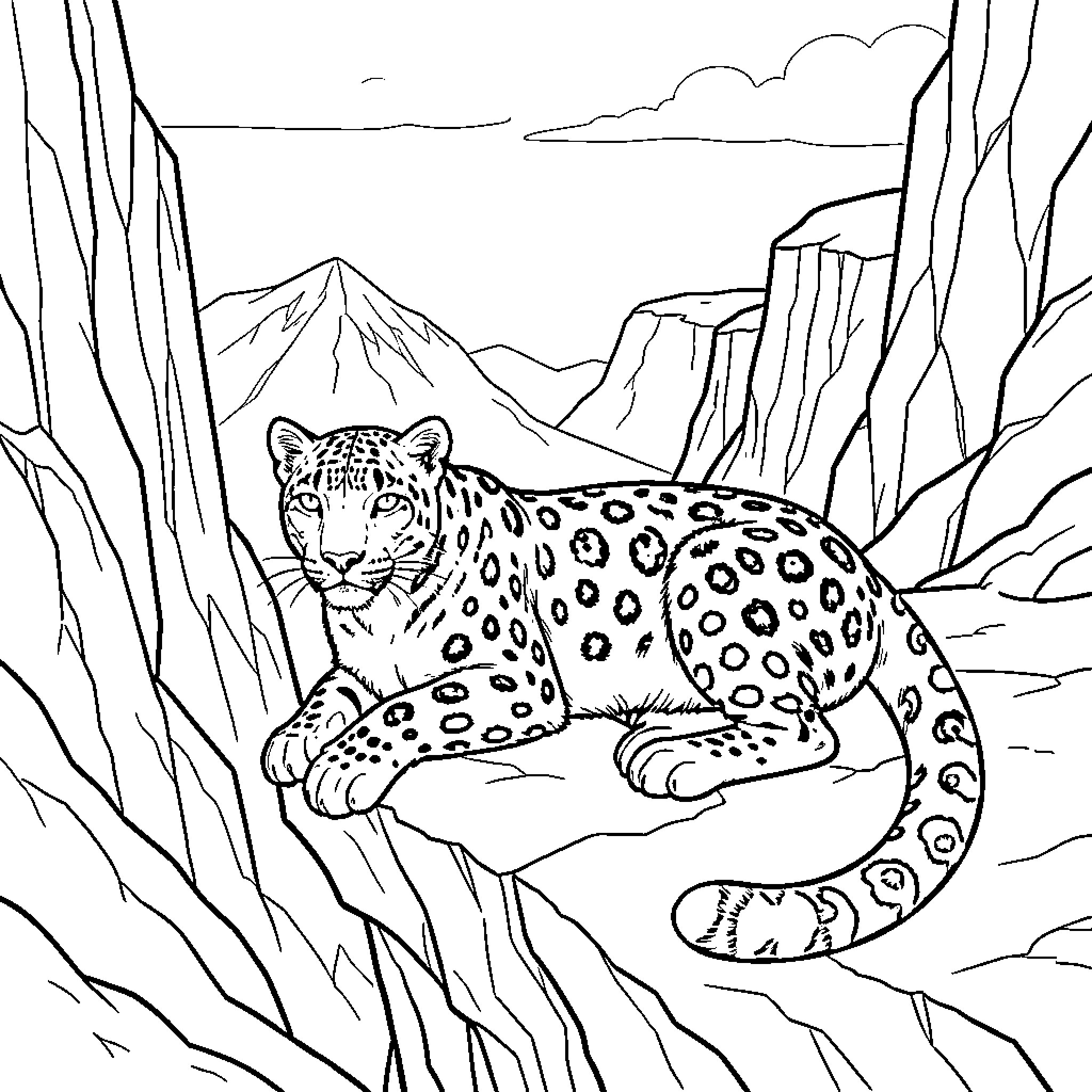 Snow Leopard resting peacefully on a mountain ledge Coloring Page (free black-and-white line drawing printable PDF for all, from beginners to advanced learners, including children, teens, adults, and seniors)