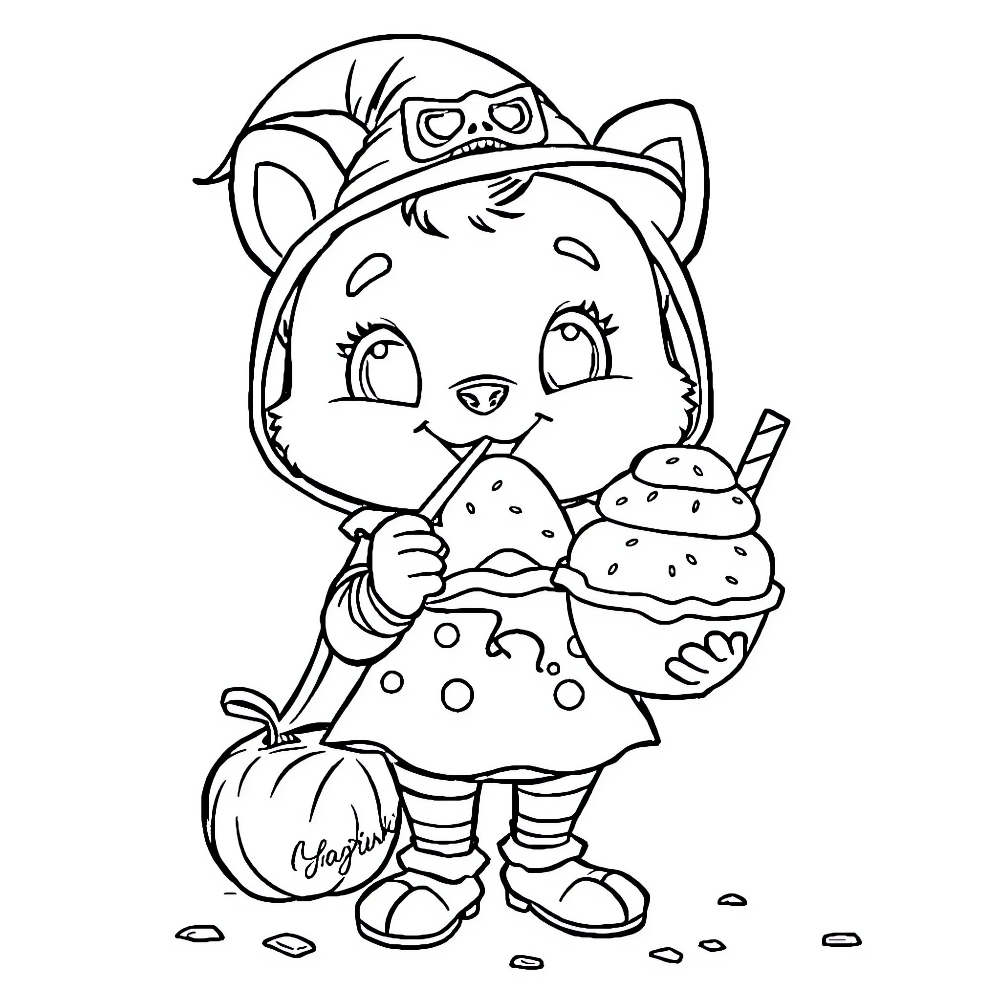 Sprunki enjoying a tasty treat Coloring Page (free black-and-white line drawing printable PDF for all, from beginners to advanced learners, including children, teens, adults, and seniors)