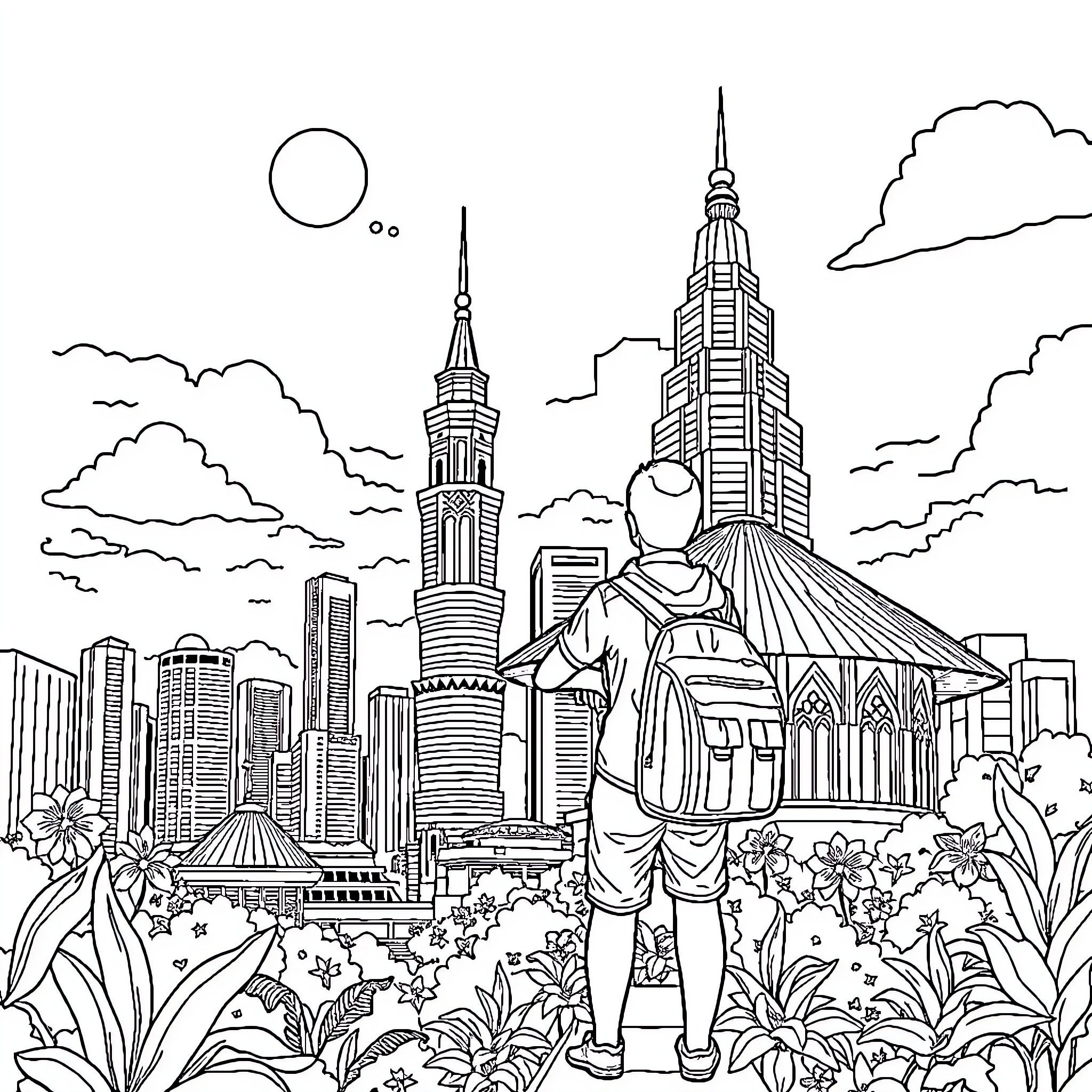 Malaysia's Vibrant Cityscape and Scenic Landscapes Coloring Page (free black-and-white line drawing printable PDF for all, from beginners to advanced learners, including children, teens, adults, and seniors)