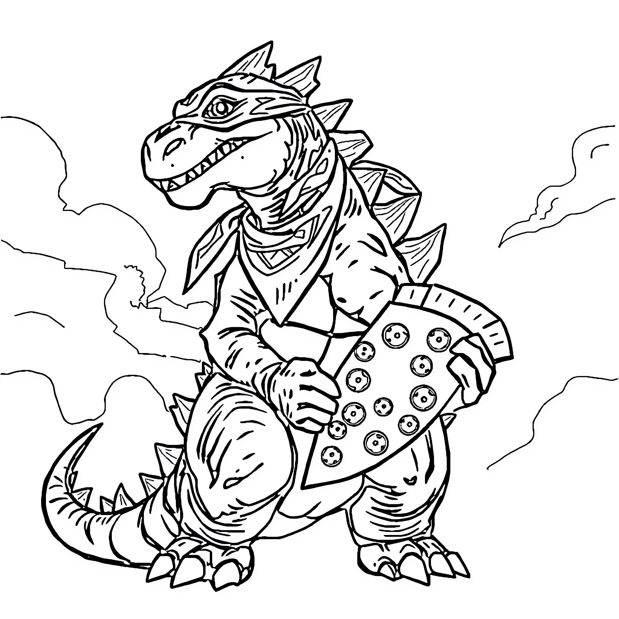 Godzilla in Armored Battle Stance Coloring Page (free black-and-white line drawing printable PDF for all, from beginners to advanced learners, including children, teens, adults, and seniors)