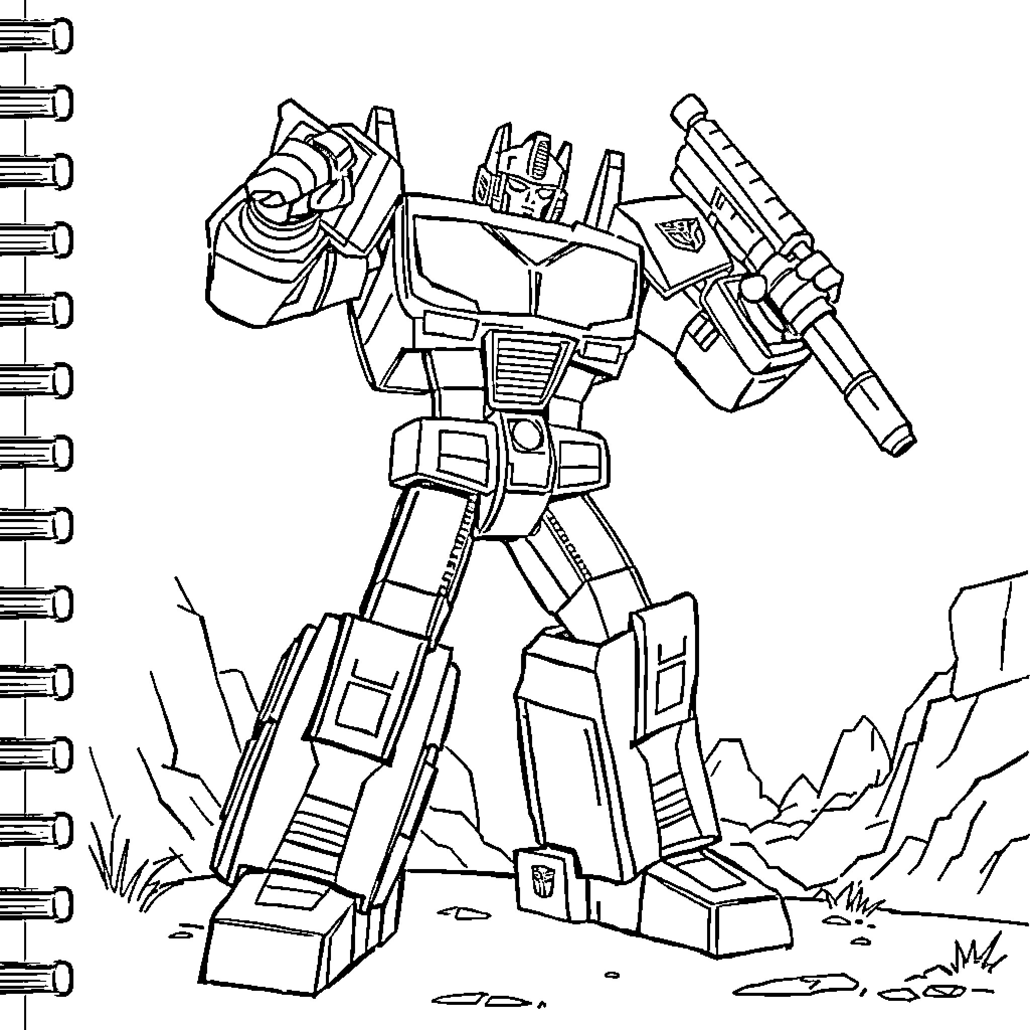 Transformers robot in combat-ready pose Coloring Page (free black-and-white line drawing printable PDF for all, from beginners to advanced learners, including children, teens, adults, and seniors)