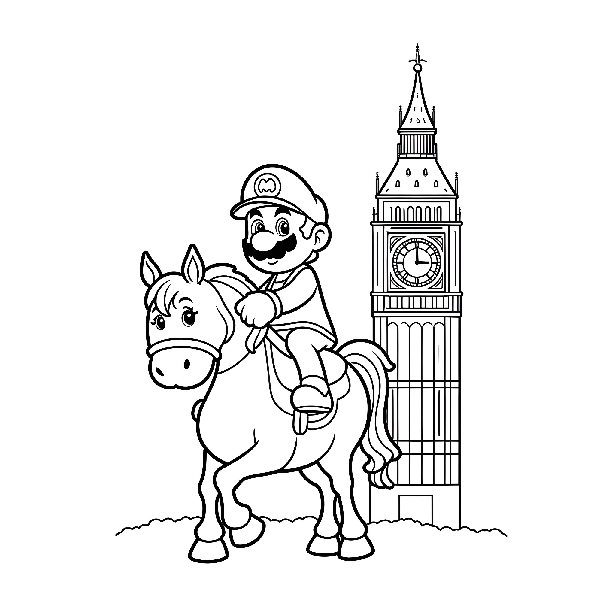 Mario Riding a Horse in Front of Big Ben Coloring Page (free black-and-white line drawing printable PDF for all, from beginners to advanced learners, including children, teens, adults, and seniors)