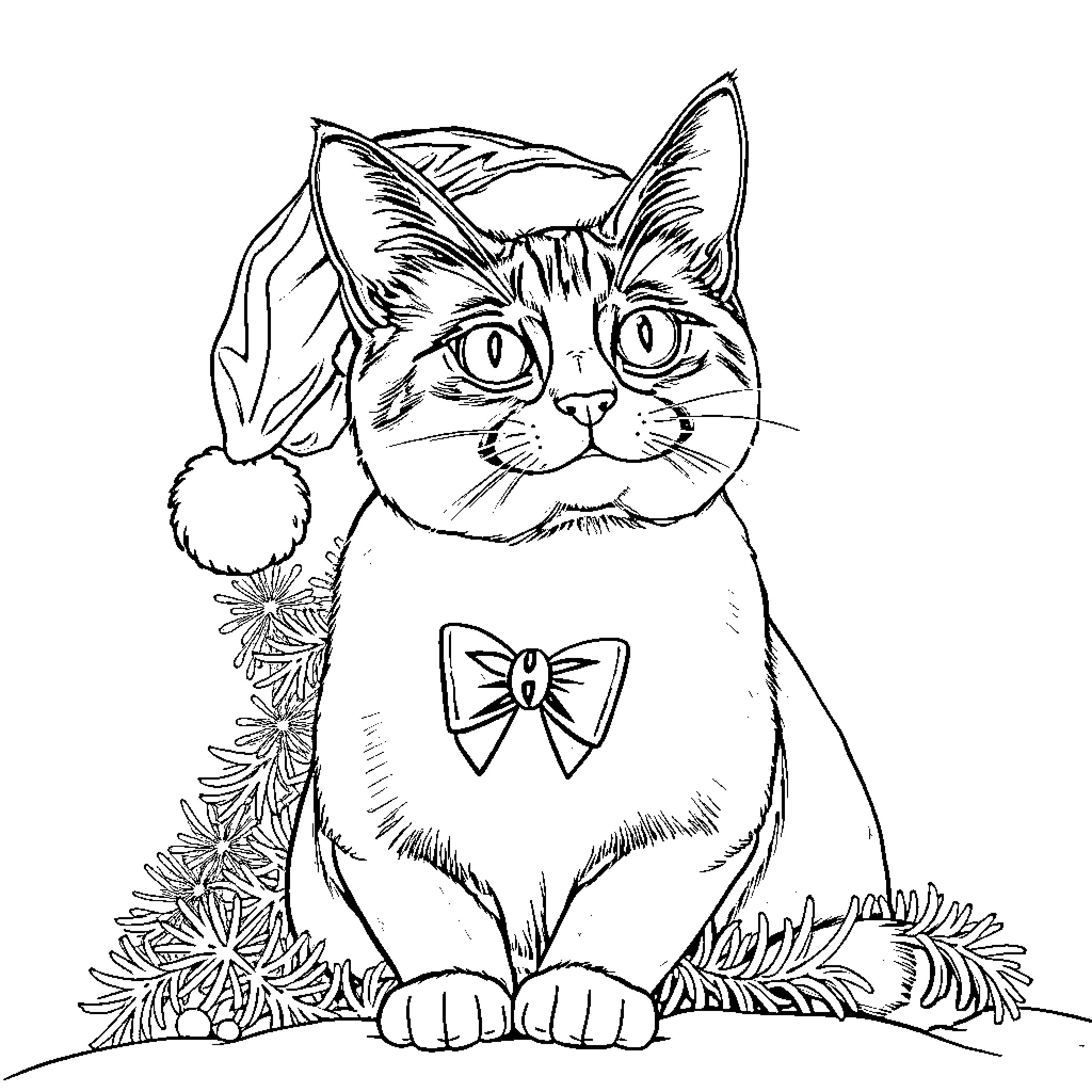 Cat wearing festive costume with bow Coloring Page (free black-and-white line drawing printable PDF for all, from beginners to advanced learners, including children, teens, adults, and seniors)