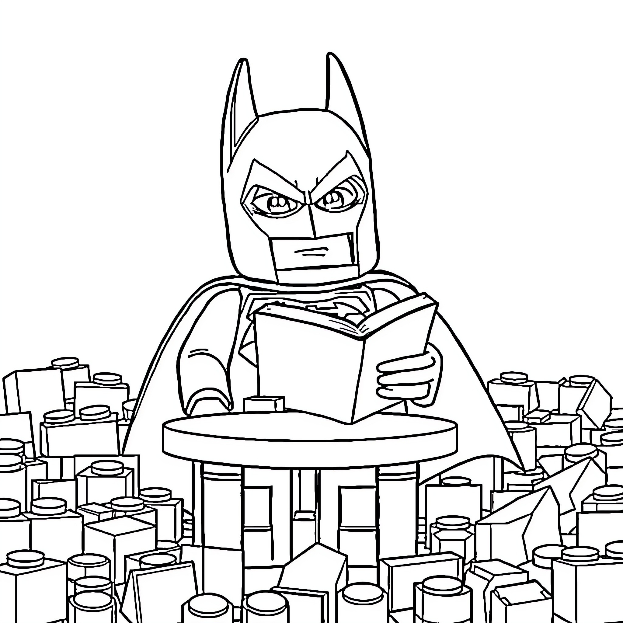 Lego Batman studying intently at his desk Coloring Page (free black-and-white line drawing printable PDF for all, from beginners to advanced learners, including children, teens, adults, and seniors)