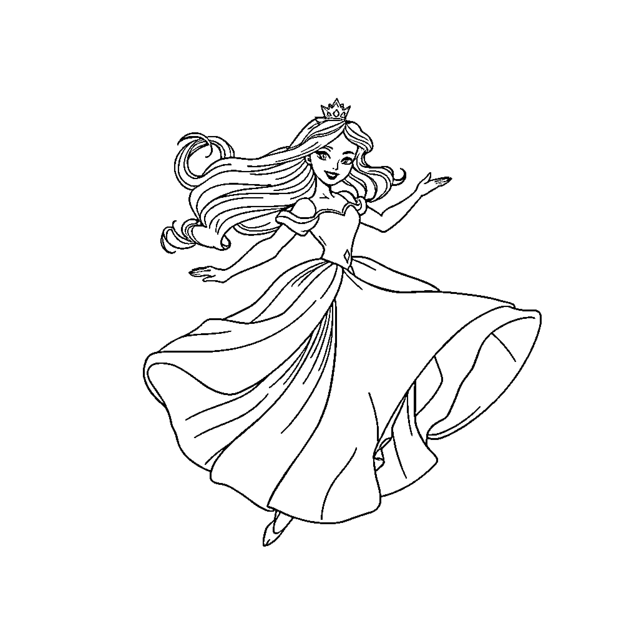 Princess dancing gracefully in elegant dress Coloring Page (free black-and-white line drawing printable PDF for all, from beginners to advanced learners, including children, teens, adults, and seniors)