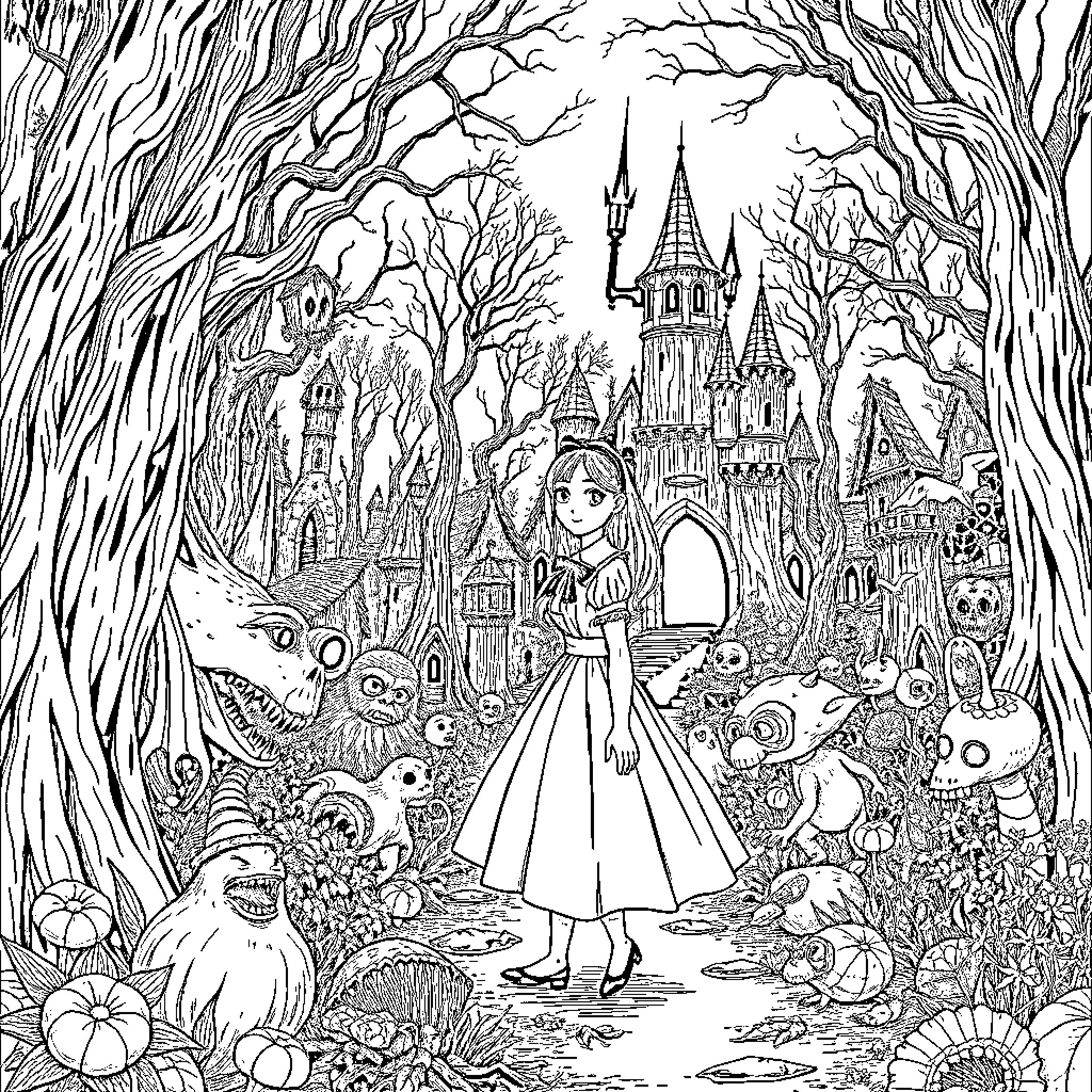 Alice's enchanting journey through the whimsical forest kingdom Coloring Page (free black-and-white line drawing printable PDF for all, from beginners to advanced learners, including children, teens, adults, and seniors)