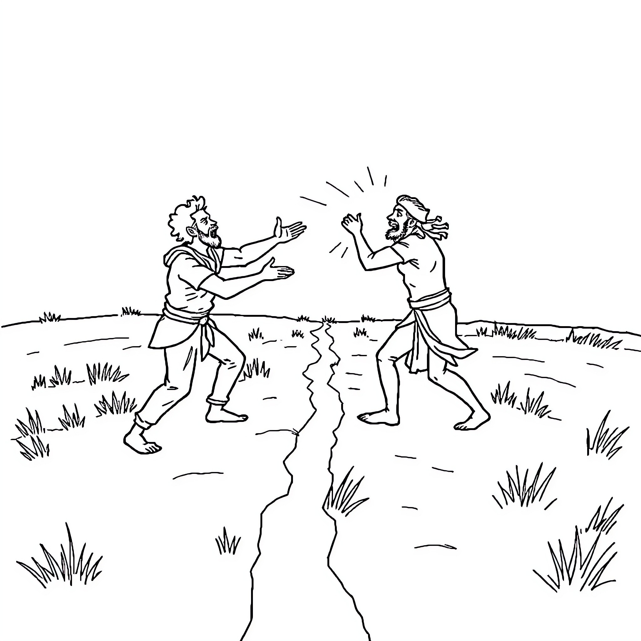 Persons engaged in friendly confrontation in a rural setting Coloring Page (free black-and-white line drawing printable PDF for all, from beginners to advanced learners, including children, teens, adults, and seniors)