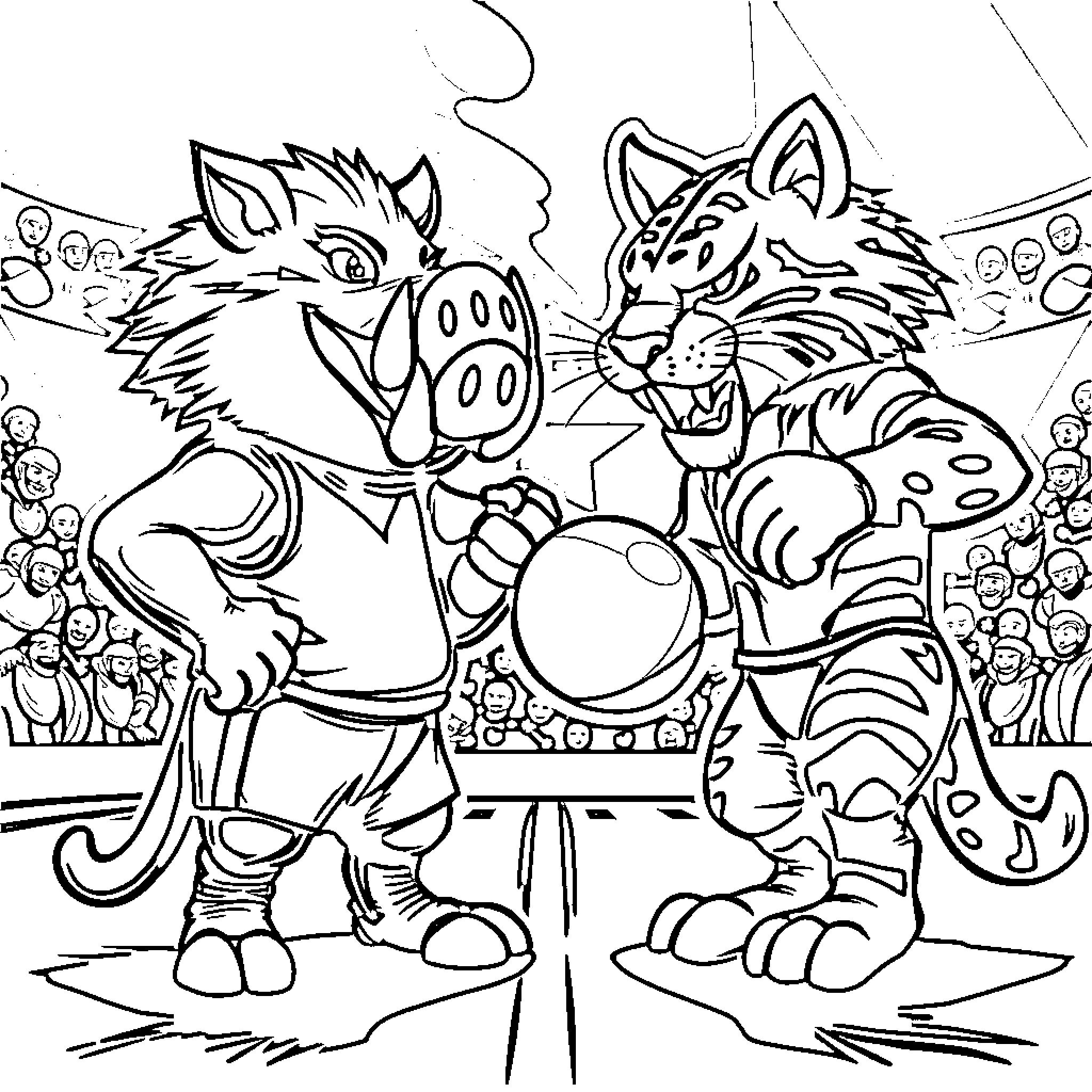Hog and Tiger Competing in a Sports Match Coloring Page (free black-and-white line drawing printable PDF for all, from beginners to advanced learners, including children, teens, adults, and seniors)