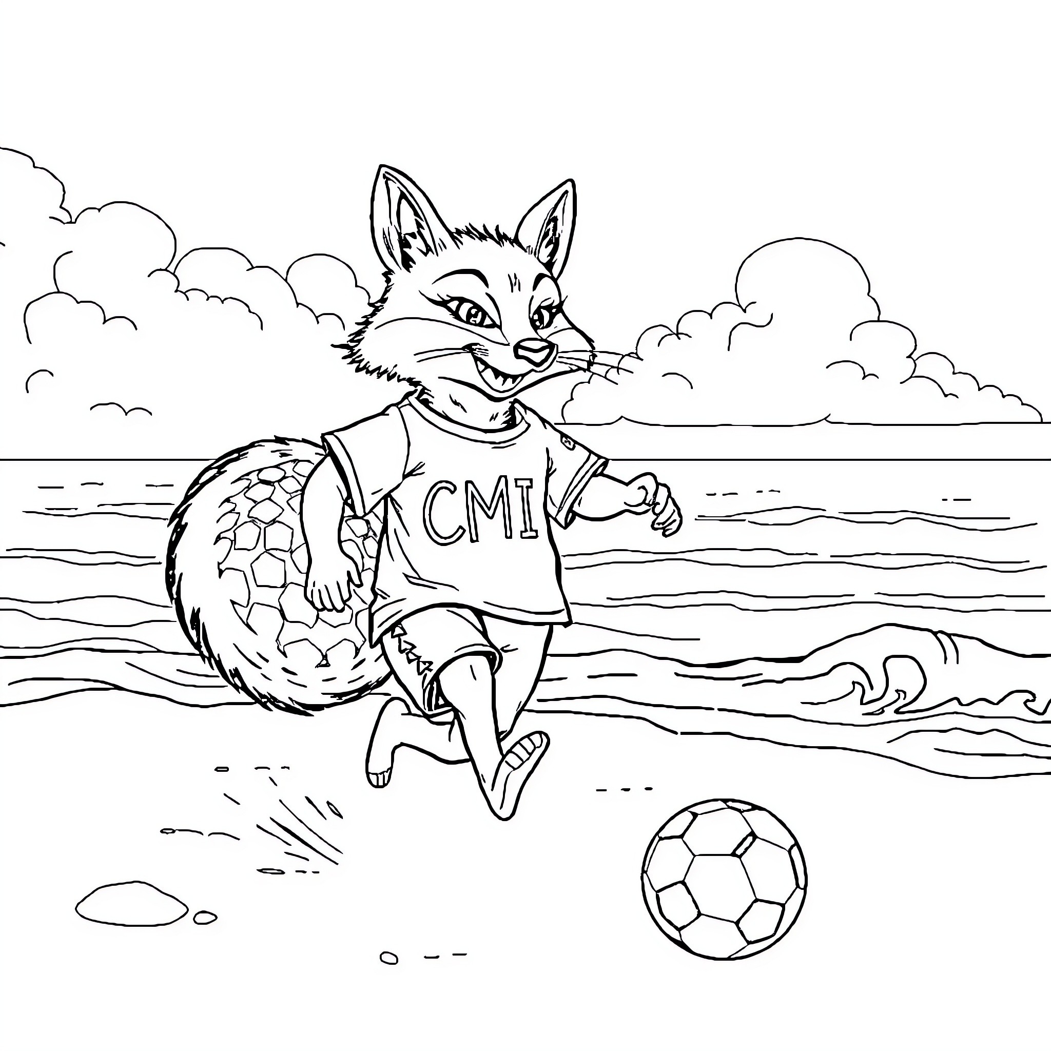 Fox playing soccer on the beach Coloring Page (free black-and-white line drawing printable PDF for all, from beginners to advanced learners, including children, teens, adults, and seniors)