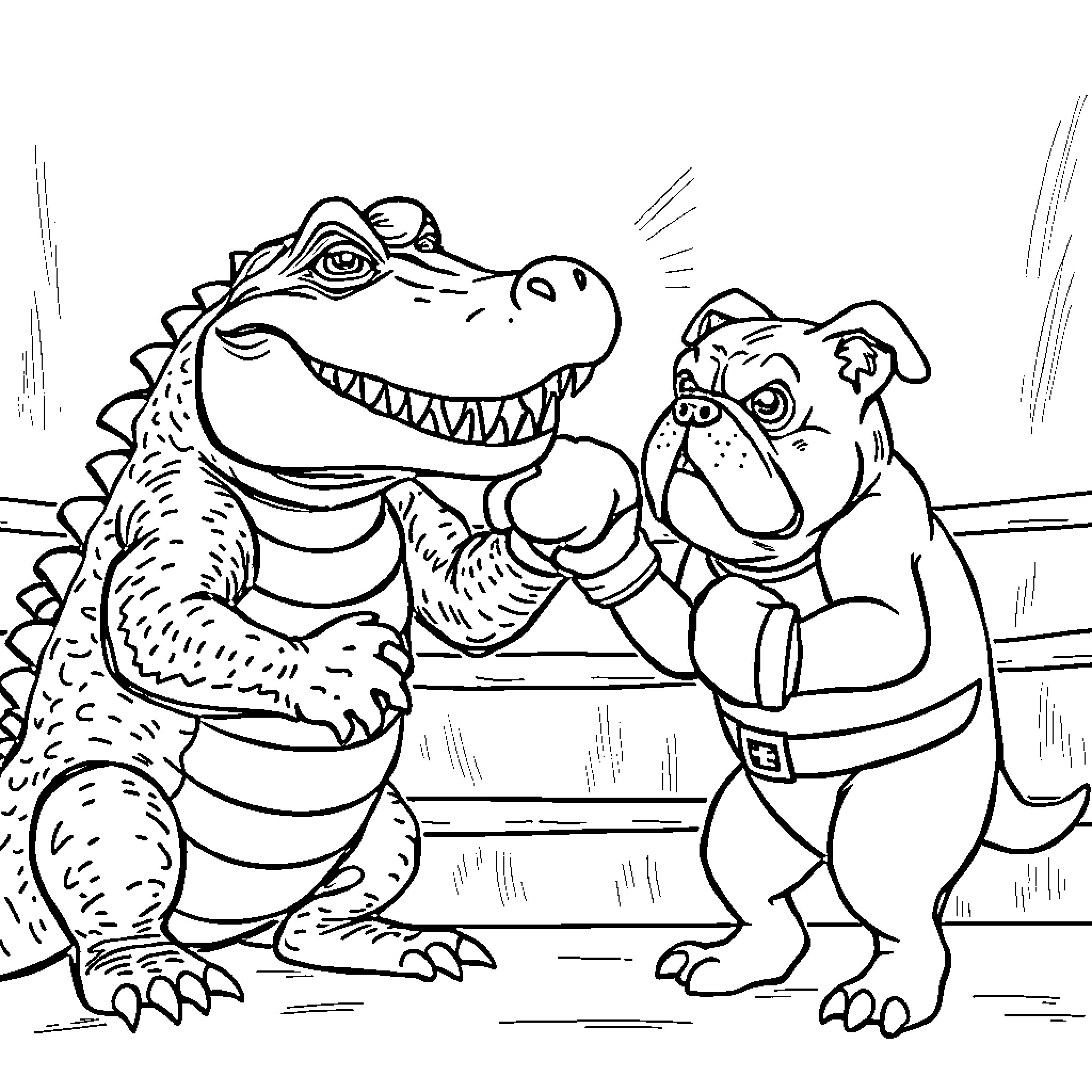 Alligator and bulldog sharing a humorous moment Coloring Page (free black-and-white line drawing printable PDF for all, from beginners to advanced learners, including children, teens, adults, and seniors)