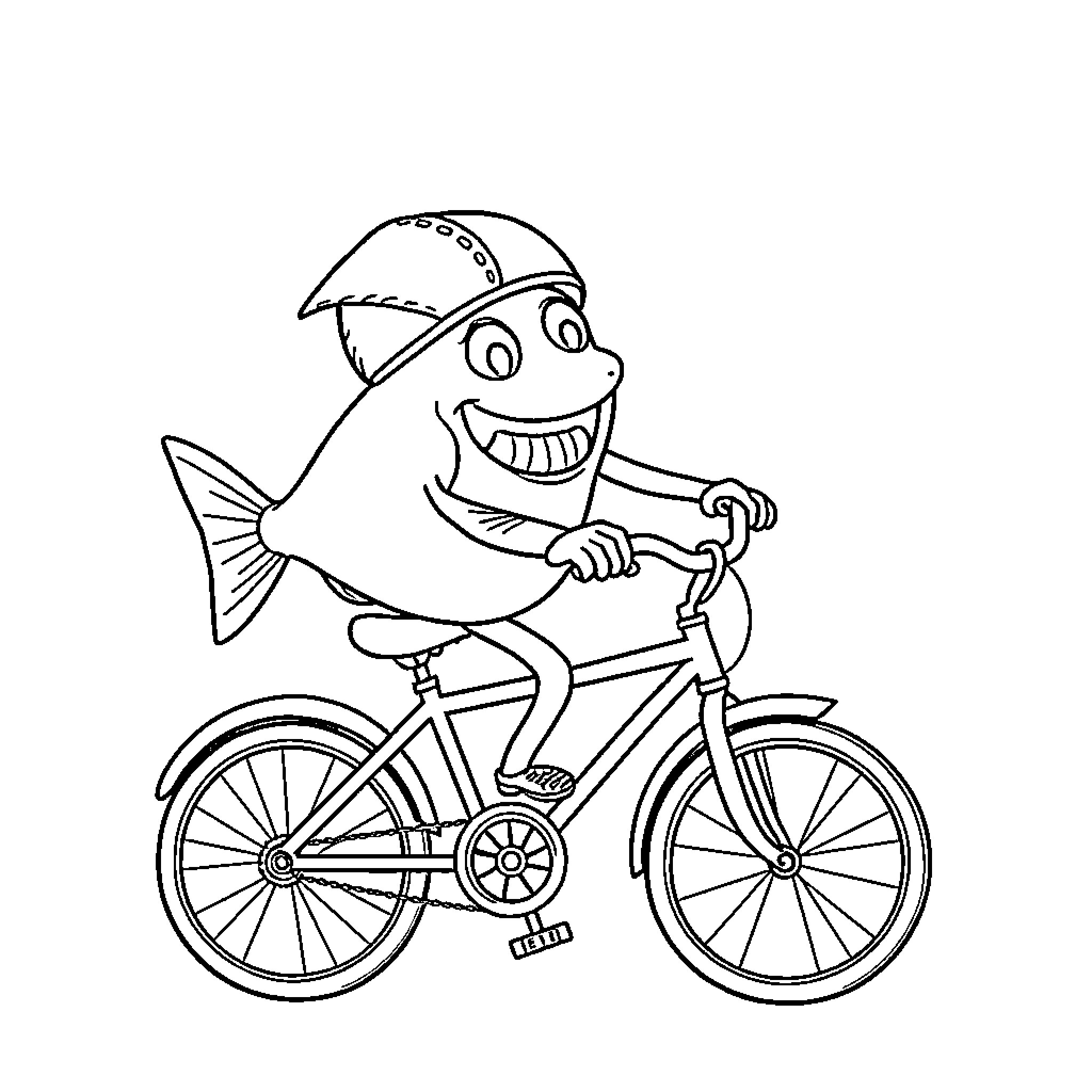 Salmon riding a bicycle with a big smile Coloring Page (free black-and-white line drawing printable PDF for all, from beginners to advanced learners, including children, teens, adults, and seniors)