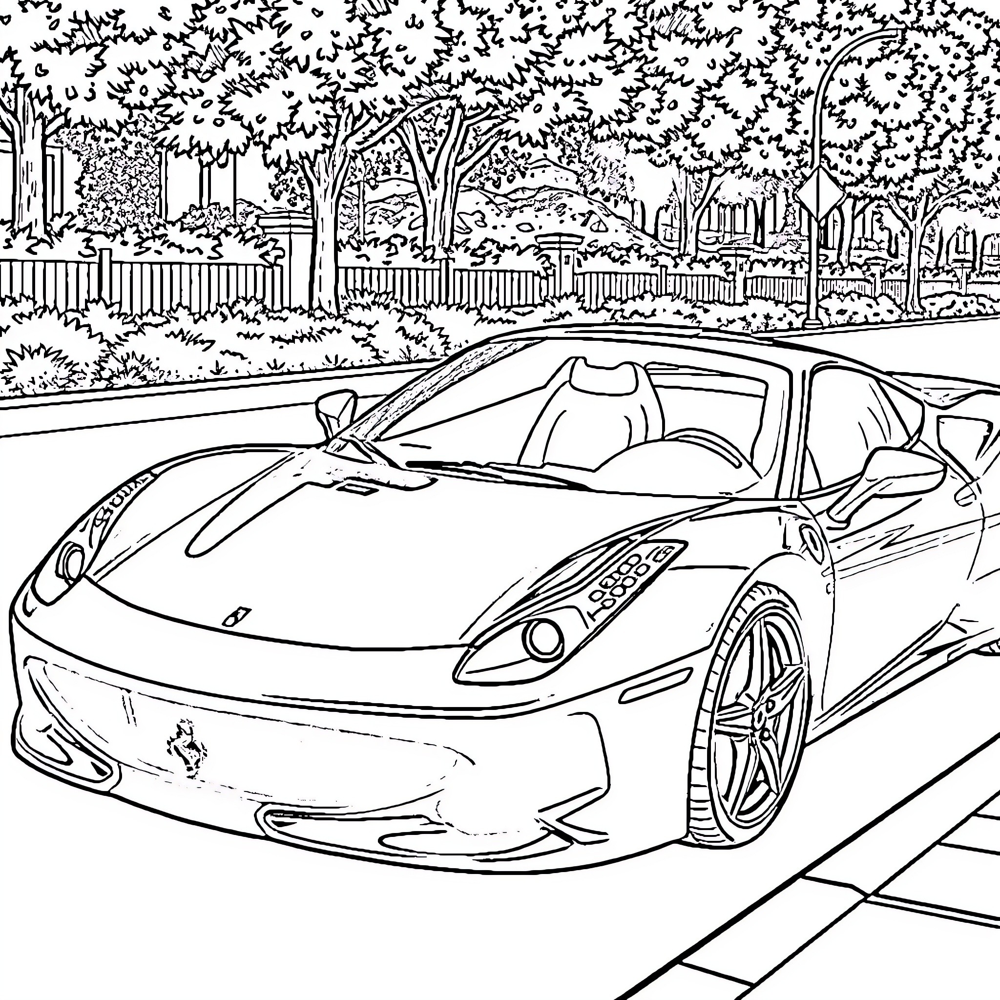 Ferrari sports car speeding through serene park Coloring Page (free black-and-white line drawing printable PDF for all, from beginners to advanced learners, including children, teens, adults, and seniors)
