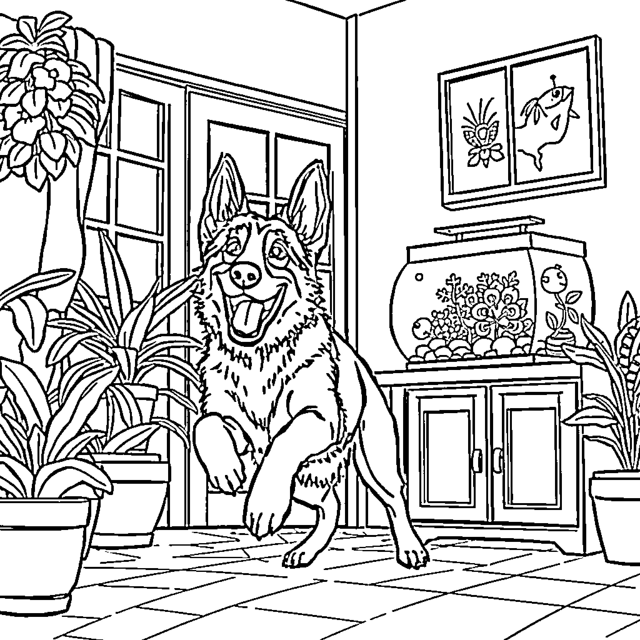 German Shepherd enjoying indoor scene Coloring Page (free black-and-white line drawing printable PDF for all, from beginners to advanced learners, including children, teens, adults, and seniors)