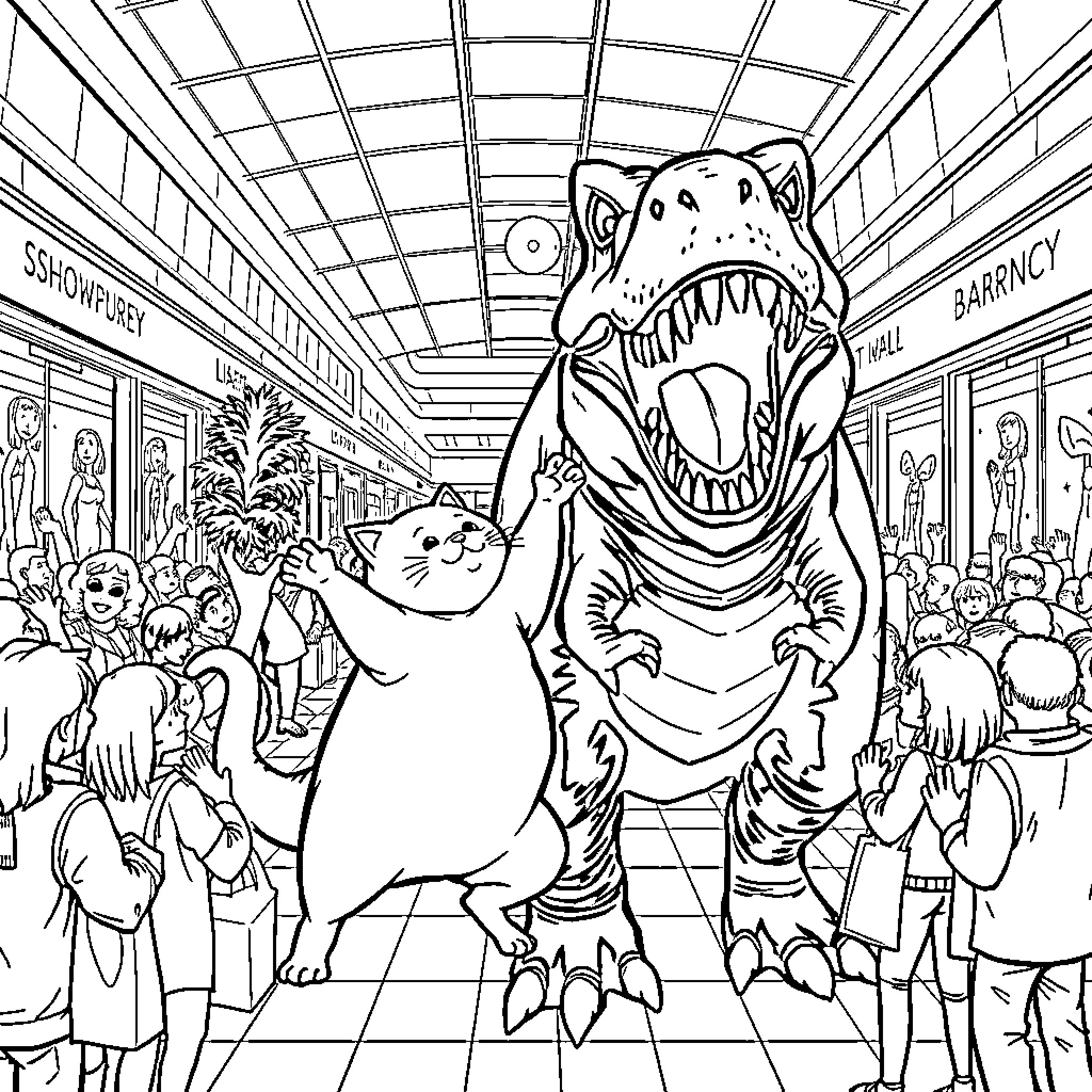 Cat and dinosaur in busy shopping center Coloring Page (free black-and-white line drawing printable PDF for all, from beginners to advanced learners, including children, teens, adults, and seniors)