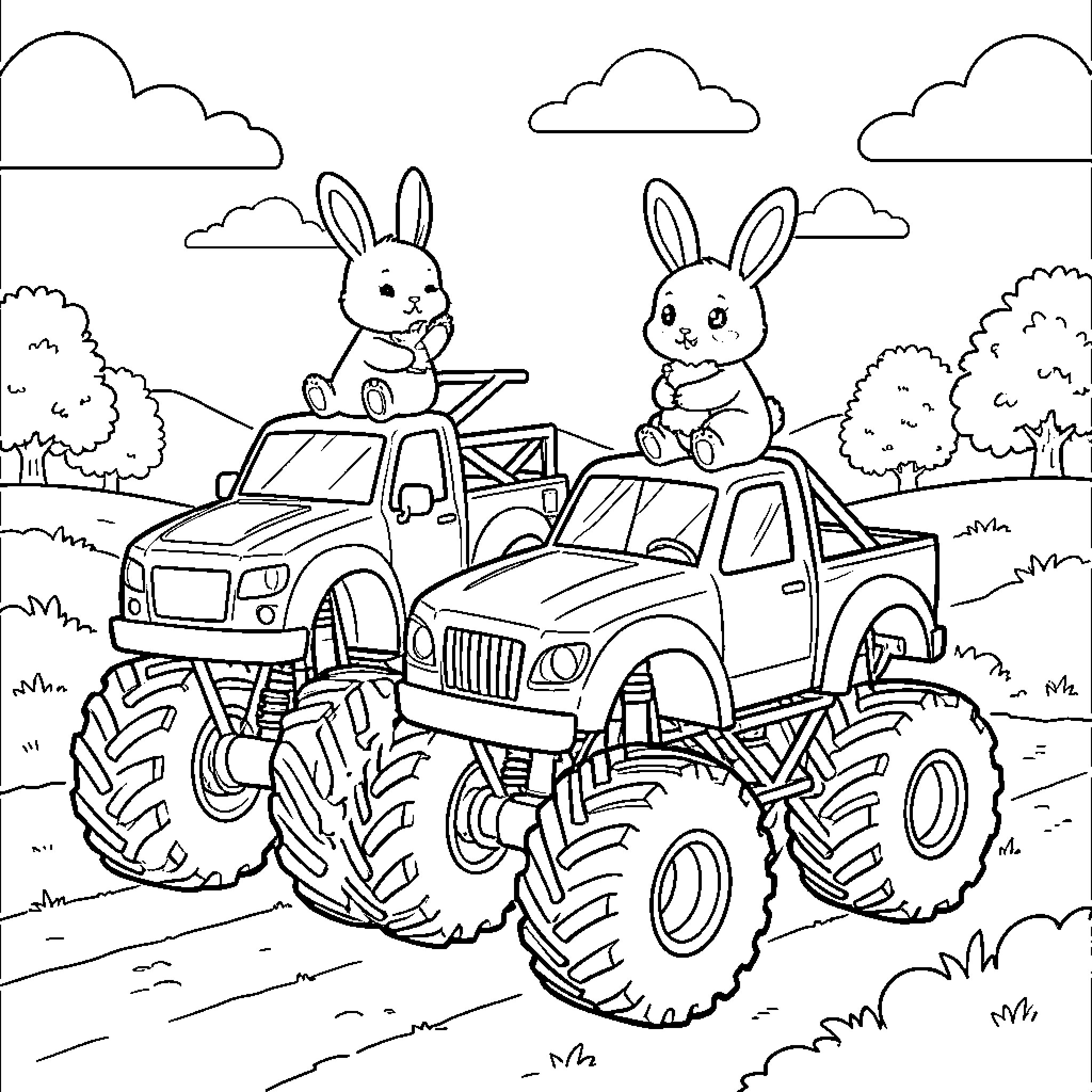 Monster Truck Bunnies Riding on Huge Off-Road Vehicle Coloring Page (free black-and-white line drawing printable PDF for all, from beginners to advanced learners, including children, teens, adults, and seniors)