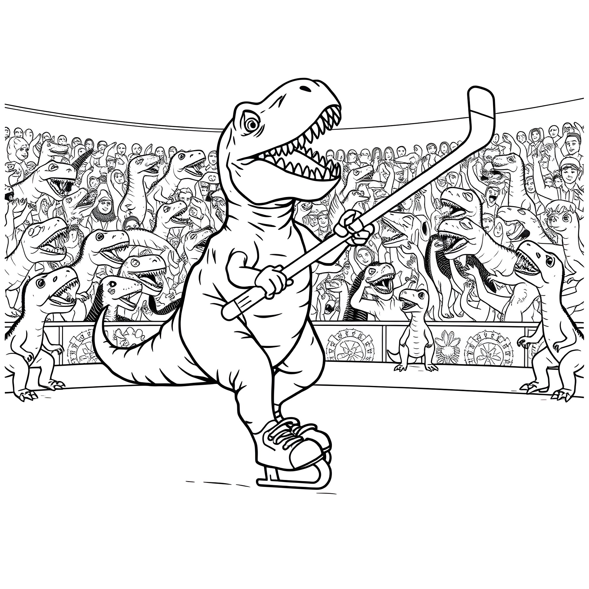 T-Rex Hockey Player Skating on Ice with Crowd Coloring Page (free black-and-white line drawing printable PDF for all, from beginners to advanced learners, including children, teens, adults, and seniors)