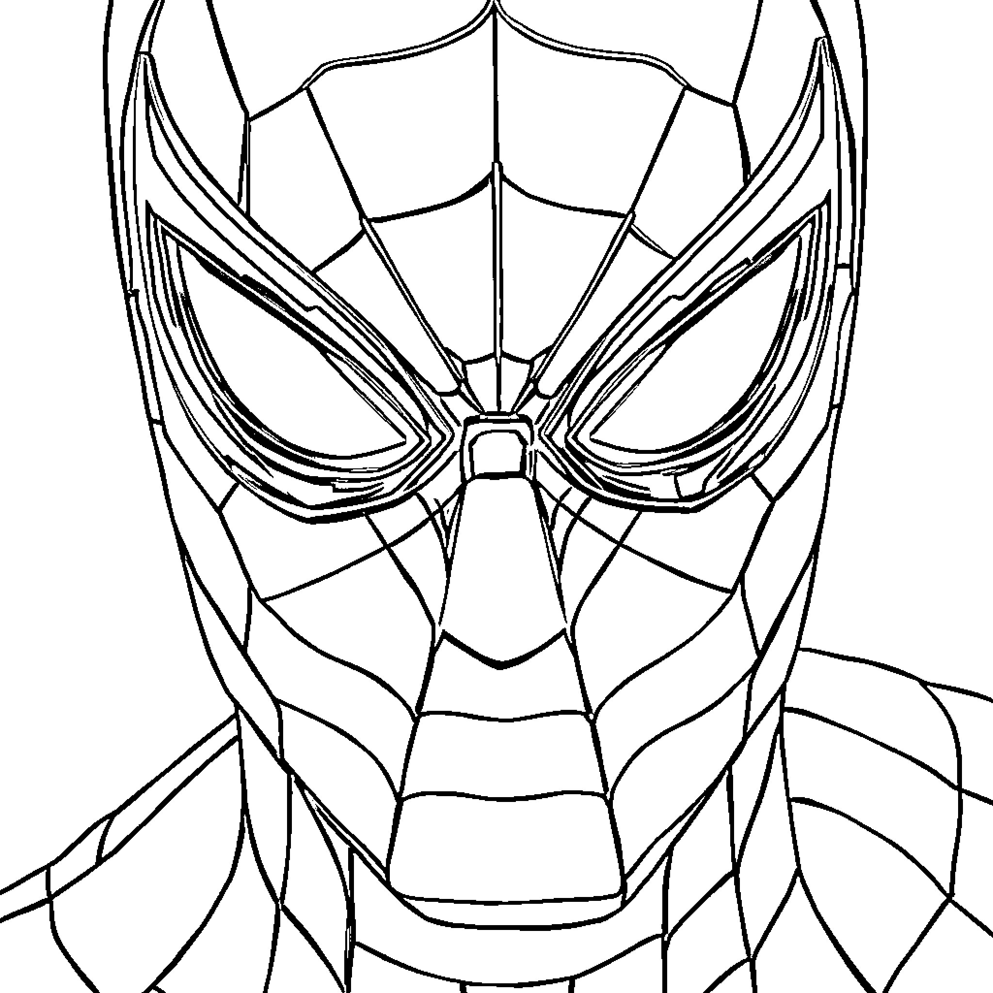 Spiderman's iconic masked face in a detailed outline Coloring Page (free black-and-white line drawing printable PDF for all, from beginners to advanced learners, including children, teens, adults, and seniors)
