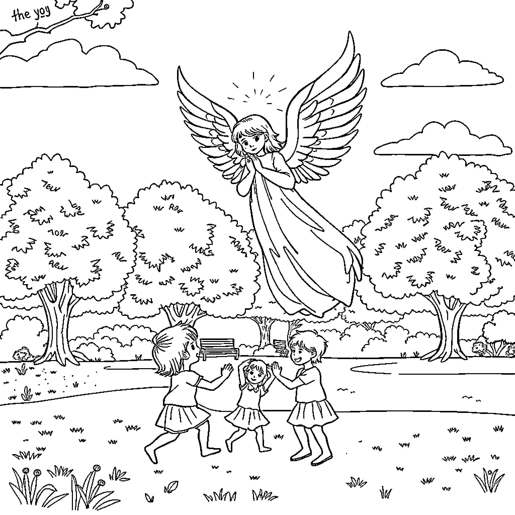 Angel watching over children playing in nature Coloring Page (free black-and-white line drawing printable PDF for all, from beginners to advanced learners, including children, teens, adults, and seniors)