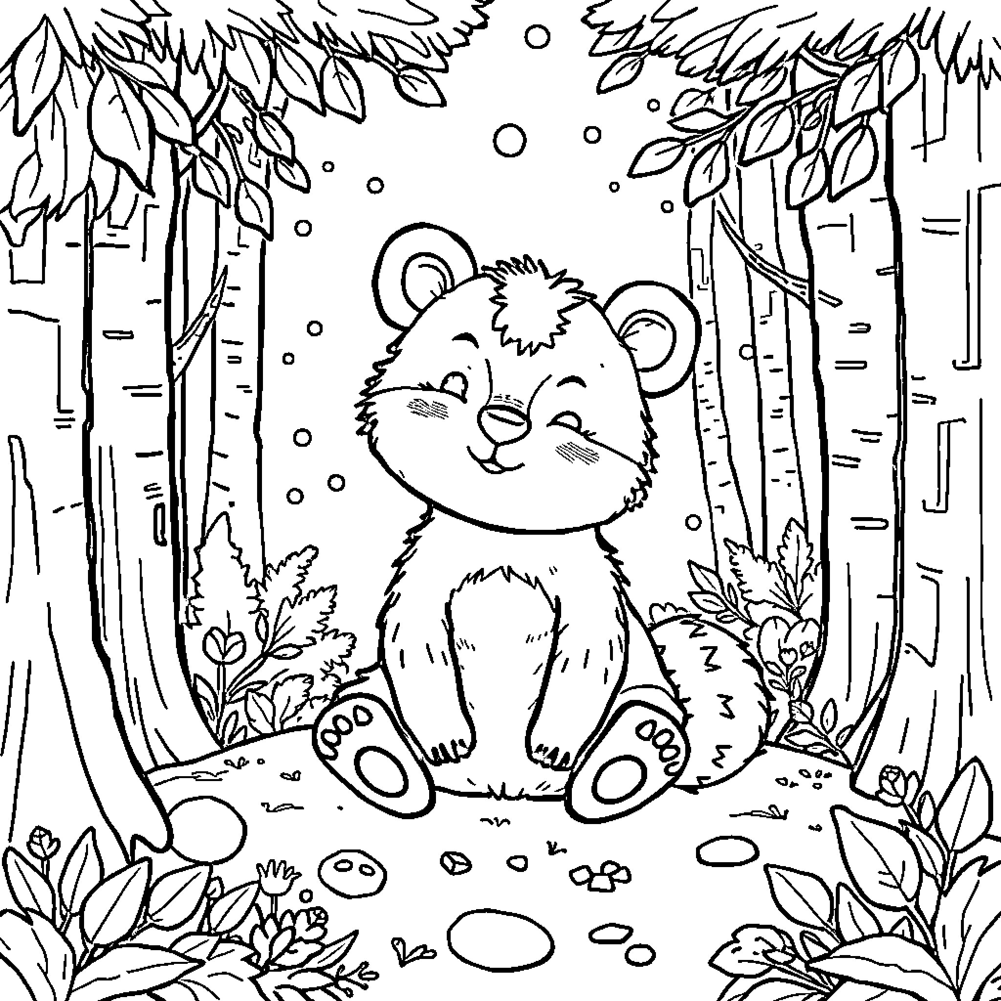Brown Bear Enjoying a Snowy Forest Scene Coloring Page (free black-and-white line drawing printable PDF for all, from beginners to advanced learners, including children, teens, adults, and seniors)