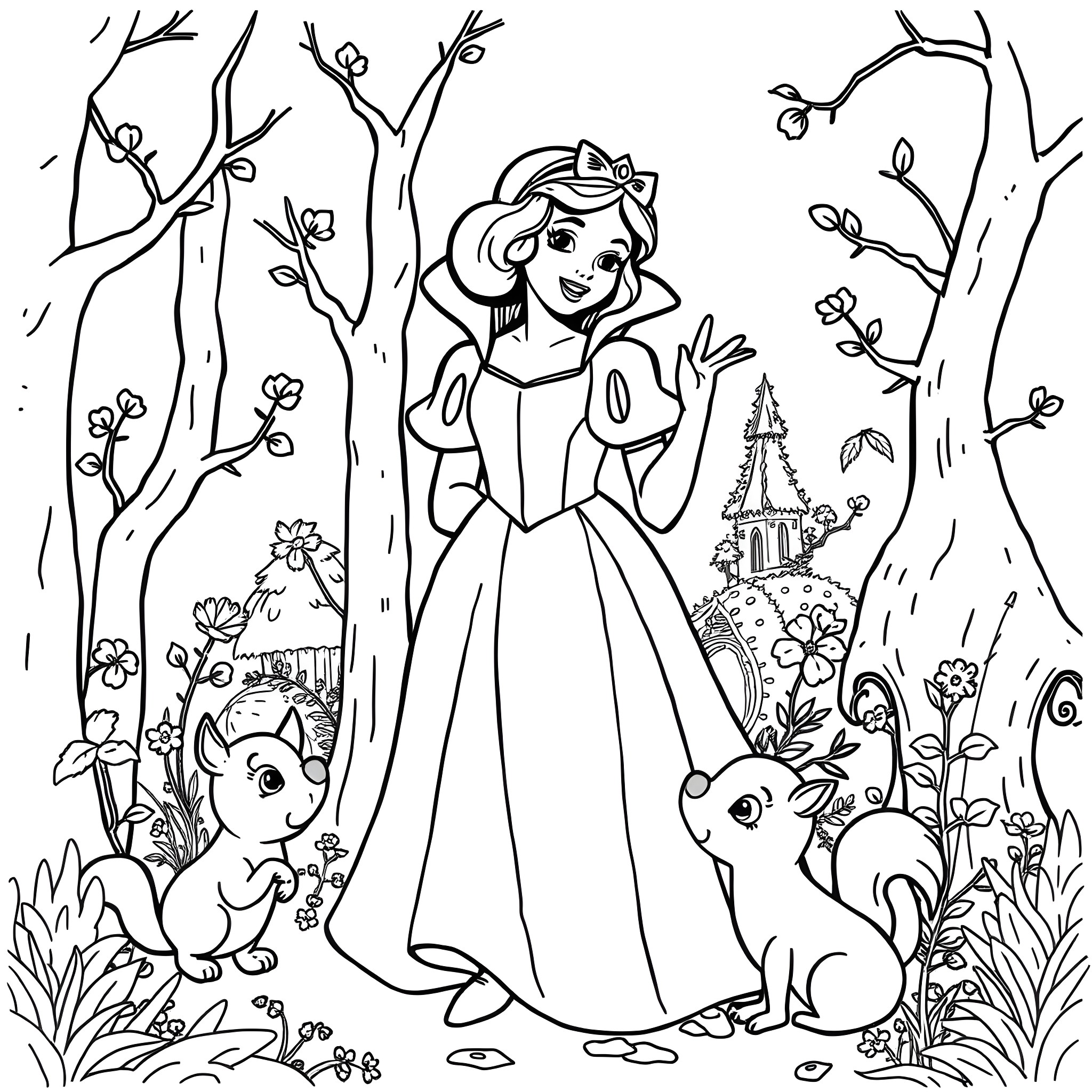 Snow White in the enchanted forest with woodland creatures Coloring Page (free black-and-white line drawing printable PDF for all, from beginners to advanced learners, including children, teens, adults, and seniors)