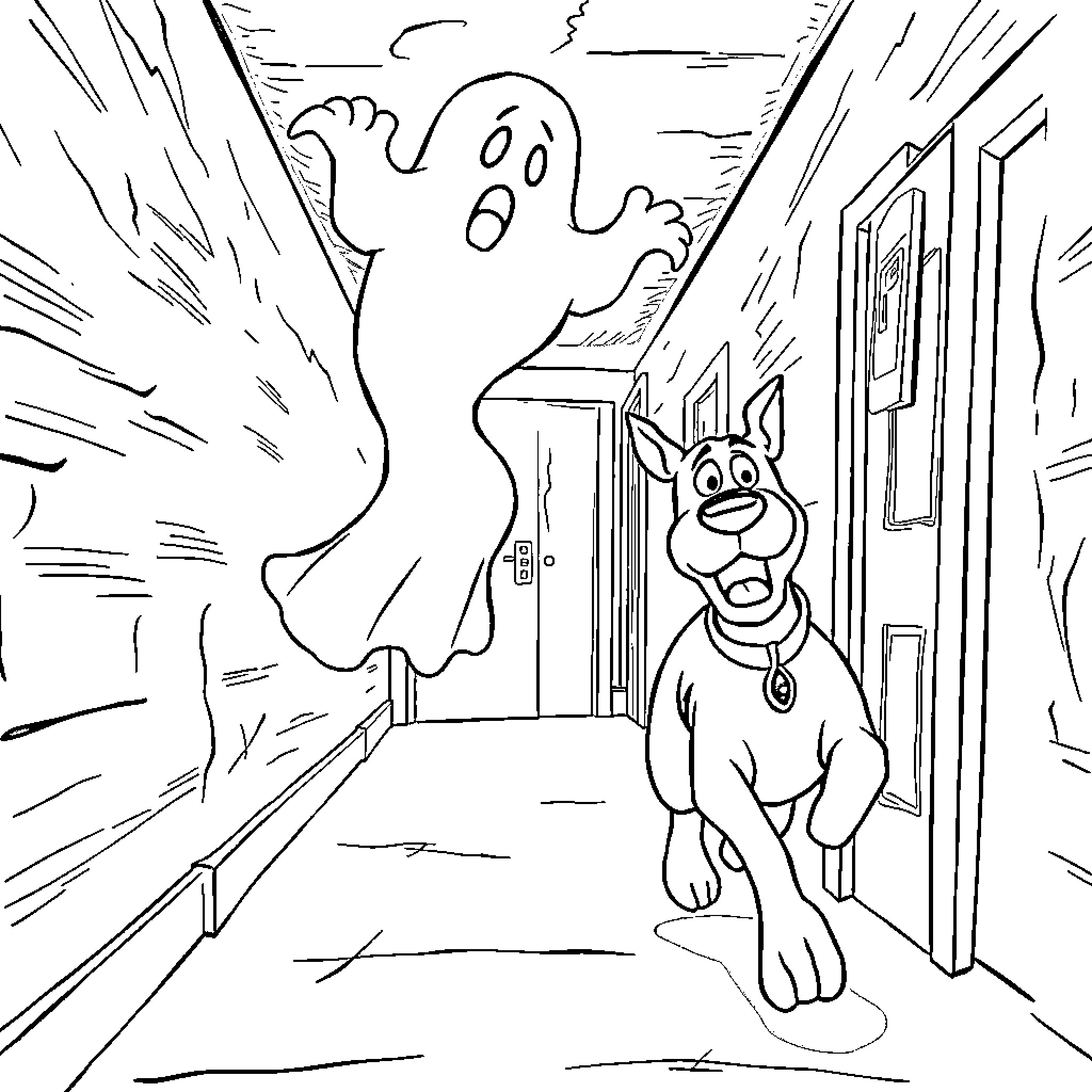 King Boo scares a frightened puppy in a haunted house Coloring Page (free black-and-white line drawing printable PDF for all, from beginners to advanced learners, including children, teens, adults, and seniors)
