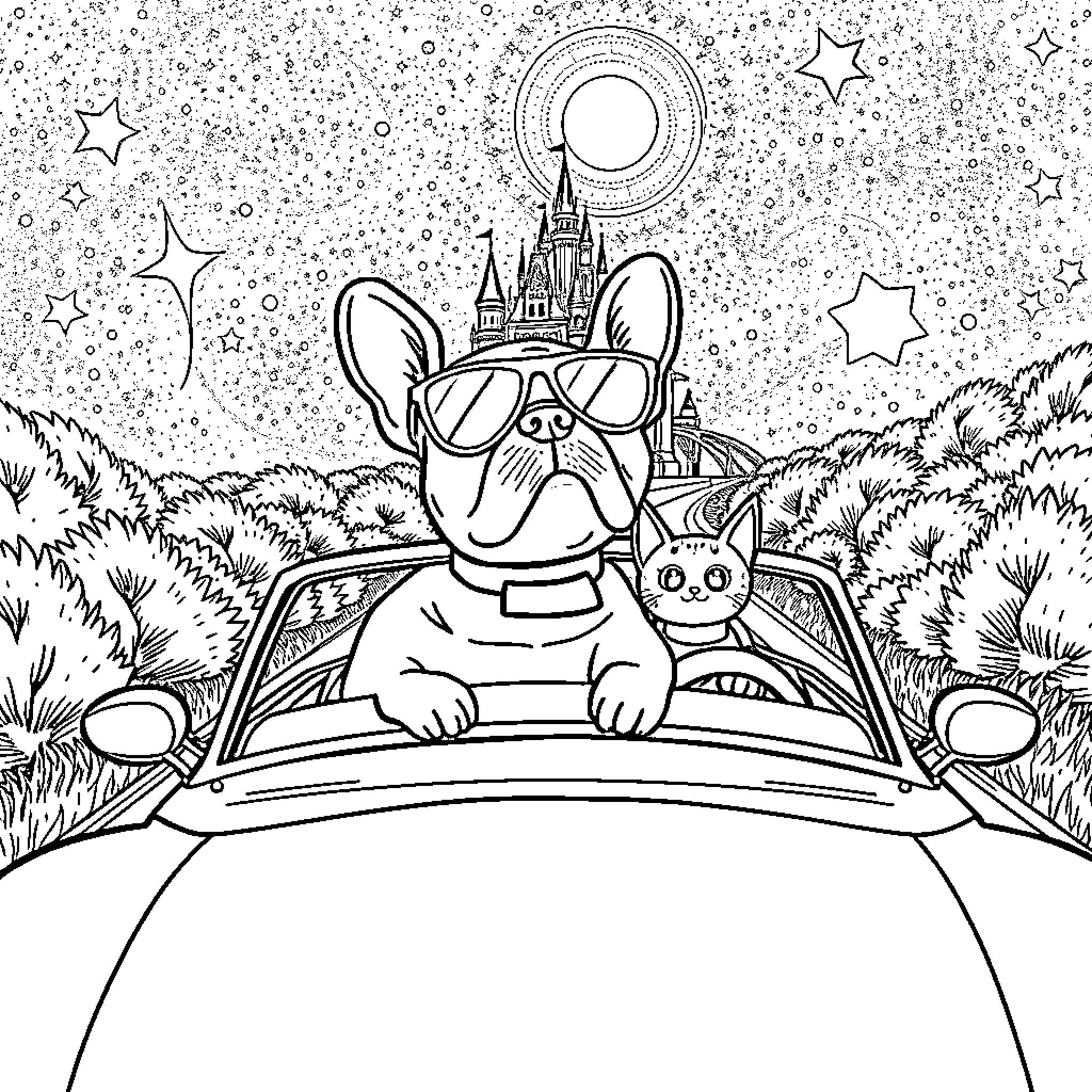 French Bulldog driving to the castle at night Coloring Page (free black-and-white line drawing printable PDF for all, from beginners to advanced learners, including children, teens, adults, and seniors)