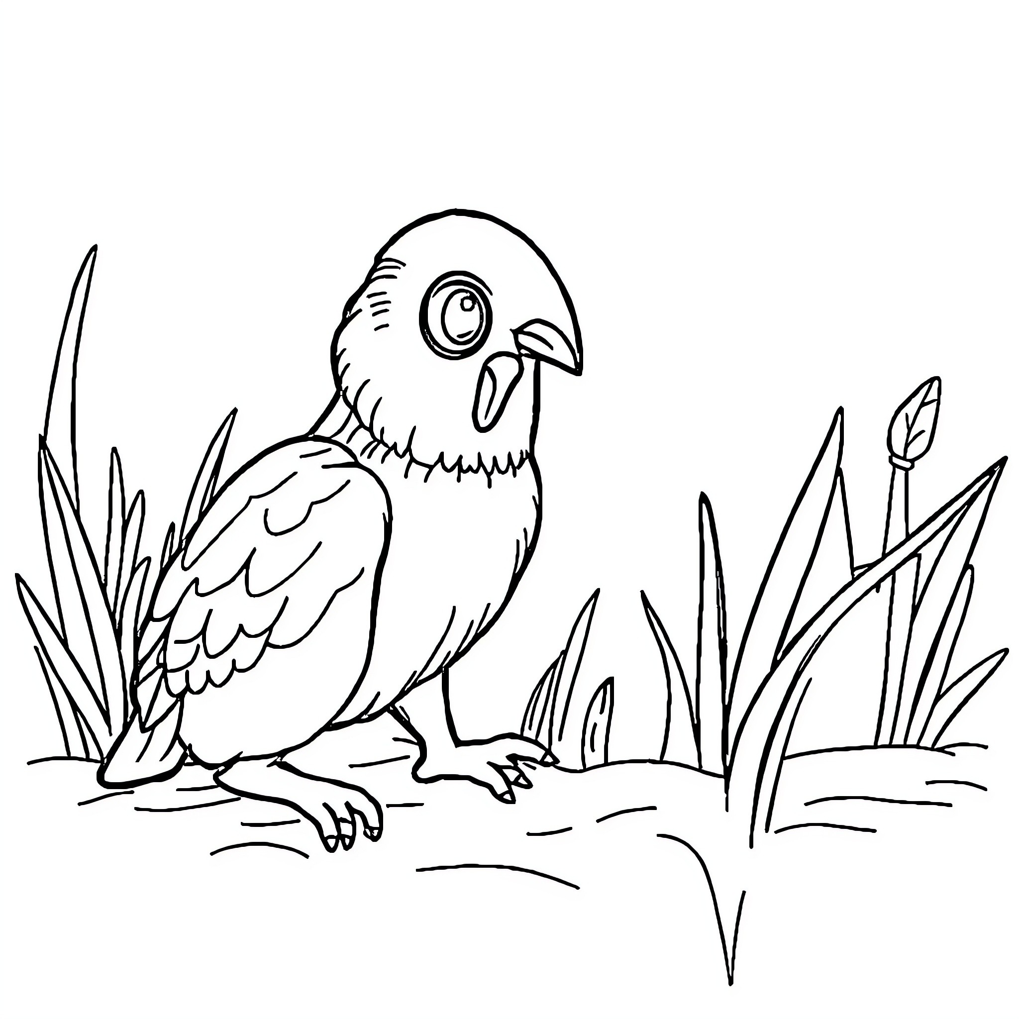 Cartoon bird in grassy environment Coloring Page (free black-and-white line drawing printable PDF for all, from beginners to advanced learners, including children, teens, adults, and seniors)